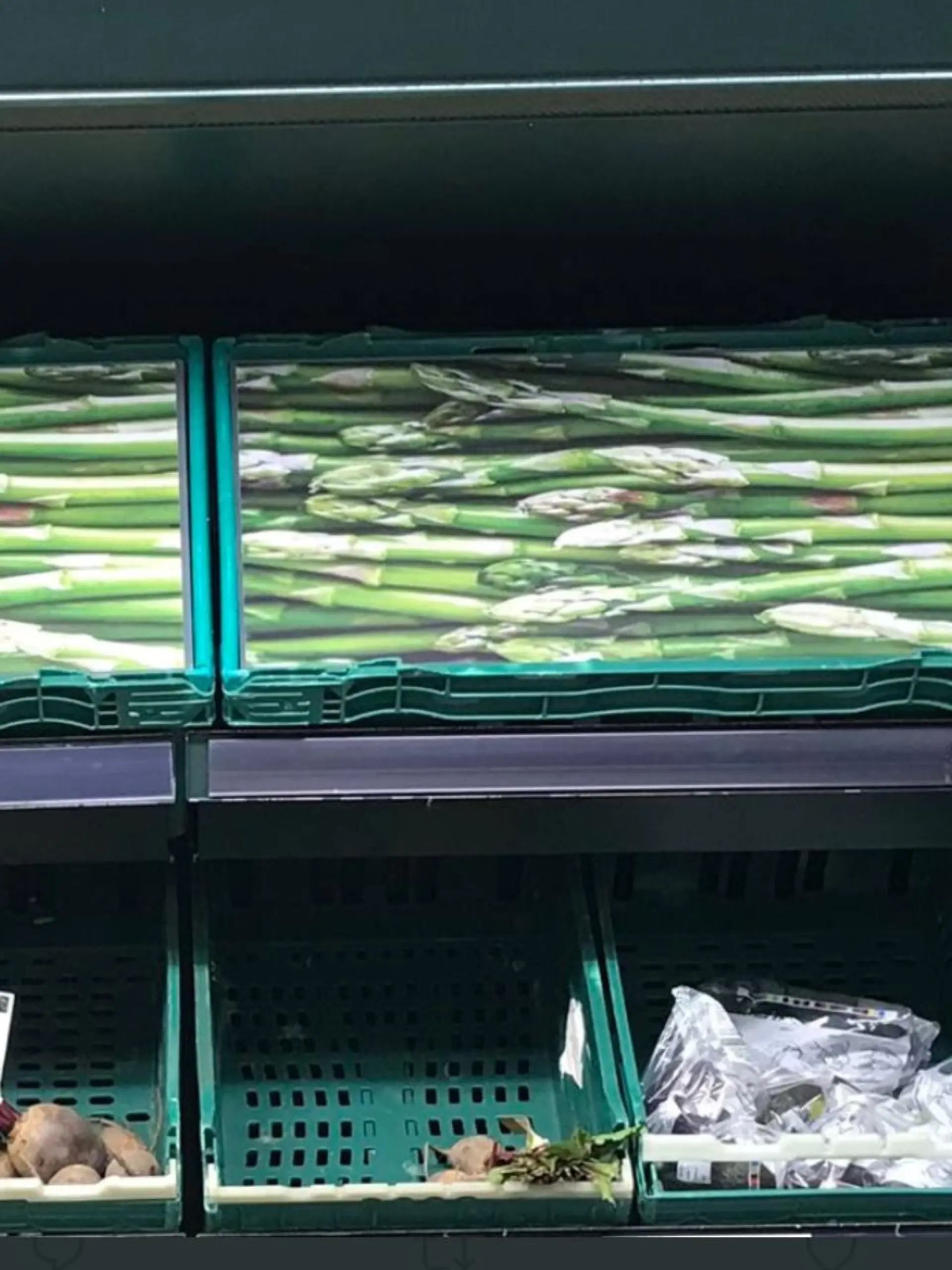 Statt echtem Spargel gibt es in diesem britischen Supermarkt nur Papp-Spargel.