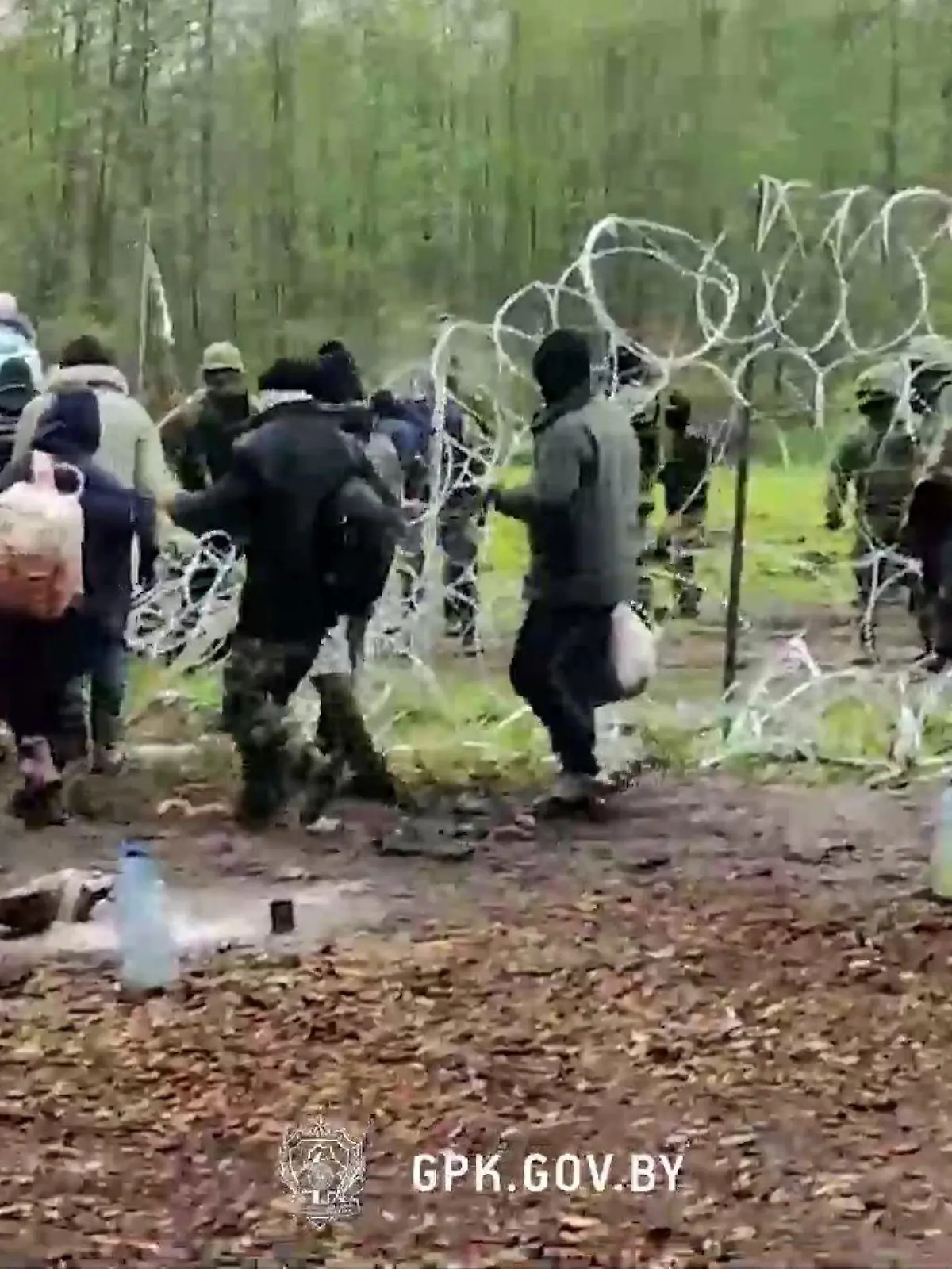 Eine an der polnisch-belarussischen Grenze festsitzende Gruppe von Migranten versucht, die Grenzbarriere zu durchbrechen.