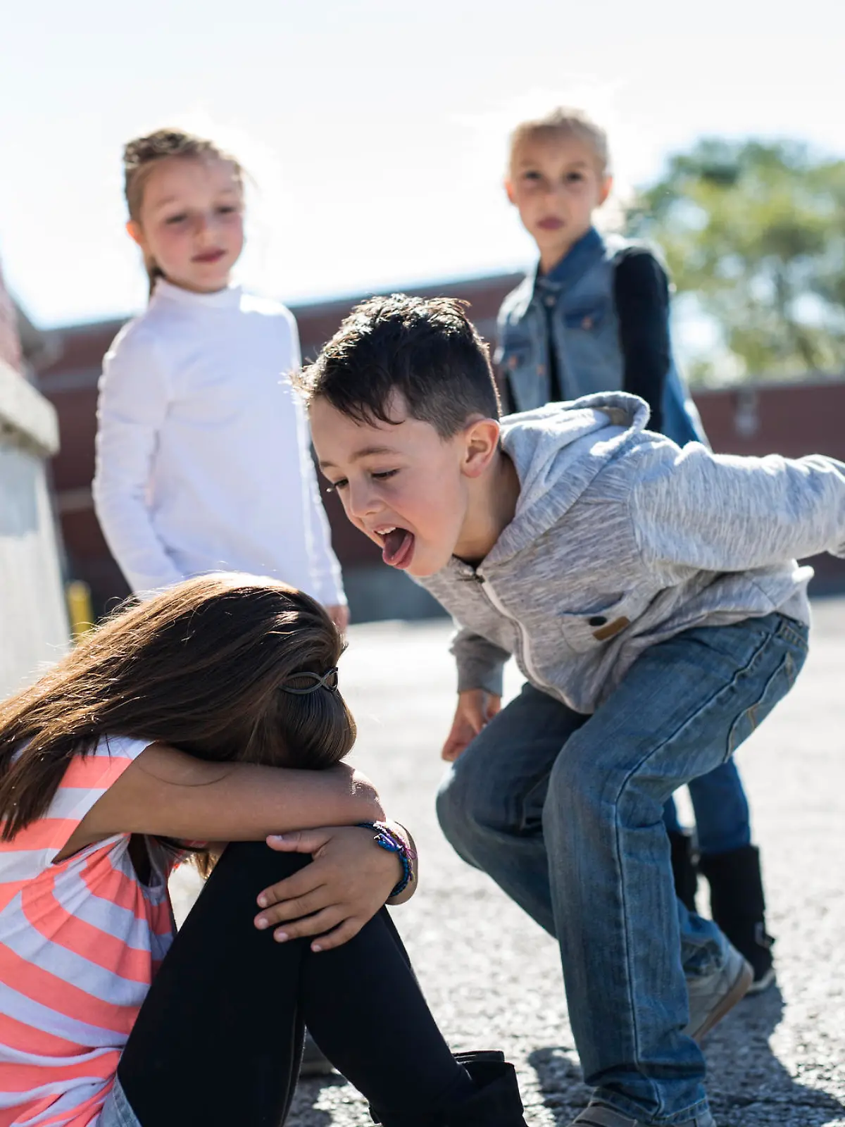 sad moment Elementary Age Bullying in Schoolyard