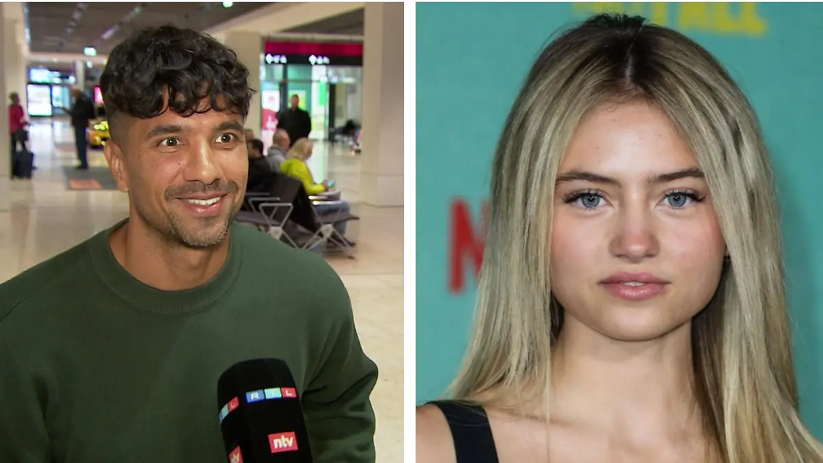 Julian Zietlow steht am Flughafen am RTL-Mikrofon, Leni Klum ist auf dem roten Teppich zu sehen.