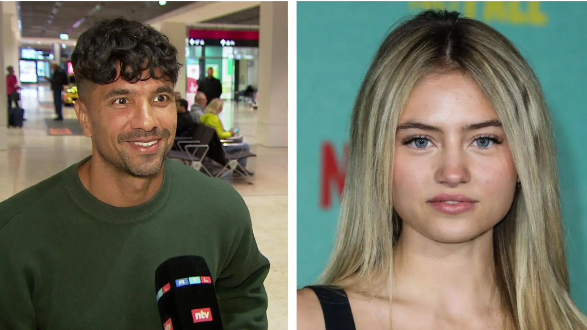 Julian Zietlow steht am Flughafen am RTL-Mikrofon, Leni Klum ist auf dem roten Teppich zu sehen.