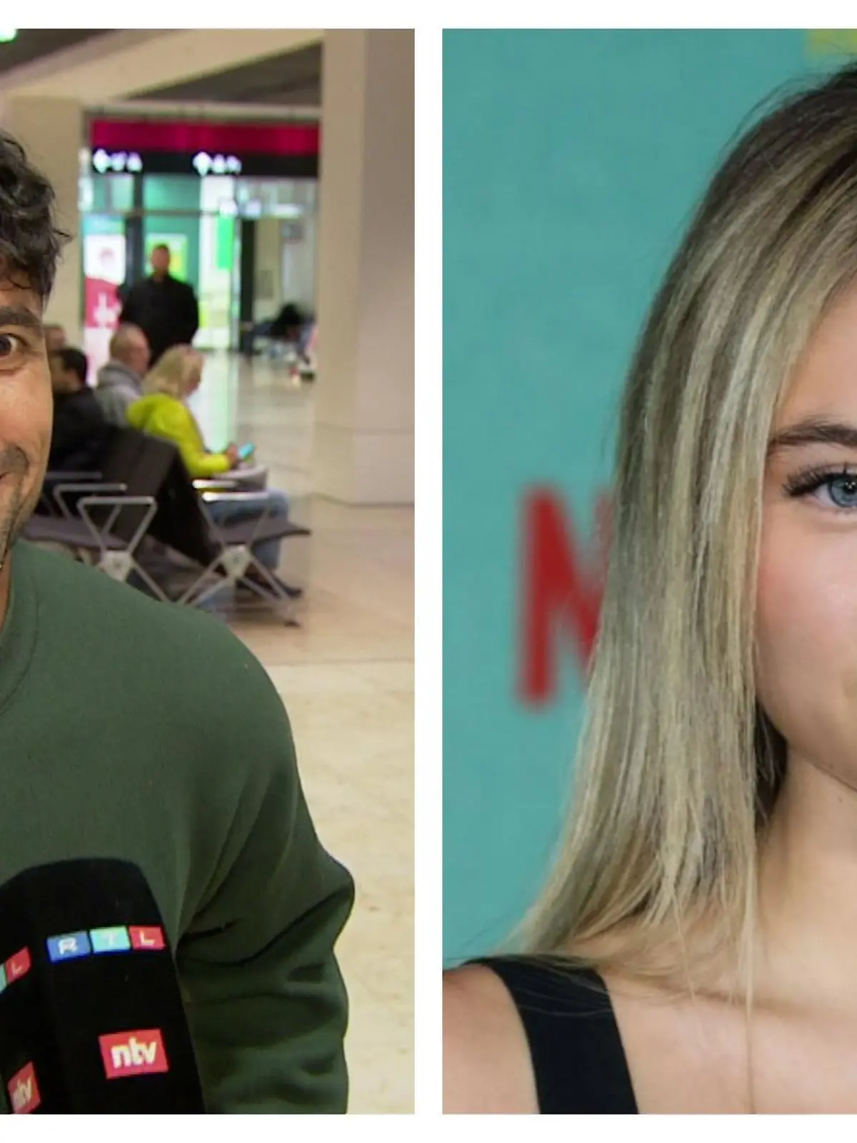 Julian Zietlow steht am Flughafen am RTL-Mikrofon, Leni Klum ist auf dem roten Teppich zu sehen.