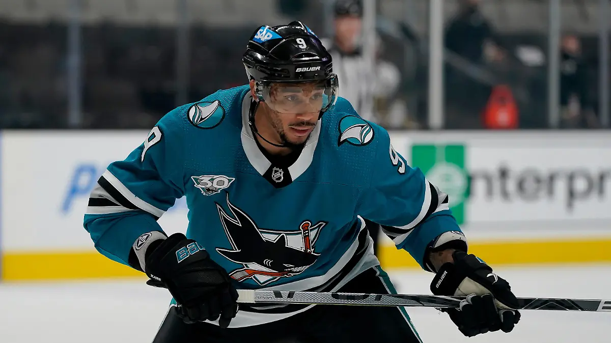 San Jose Sharks left wing Evander Kane (9) against the Vegas Golden Knights during an NHL hockey game in San Jose, Calif., Wednesday, May 12, 2021. (AP Photo/Jeff Chiu)