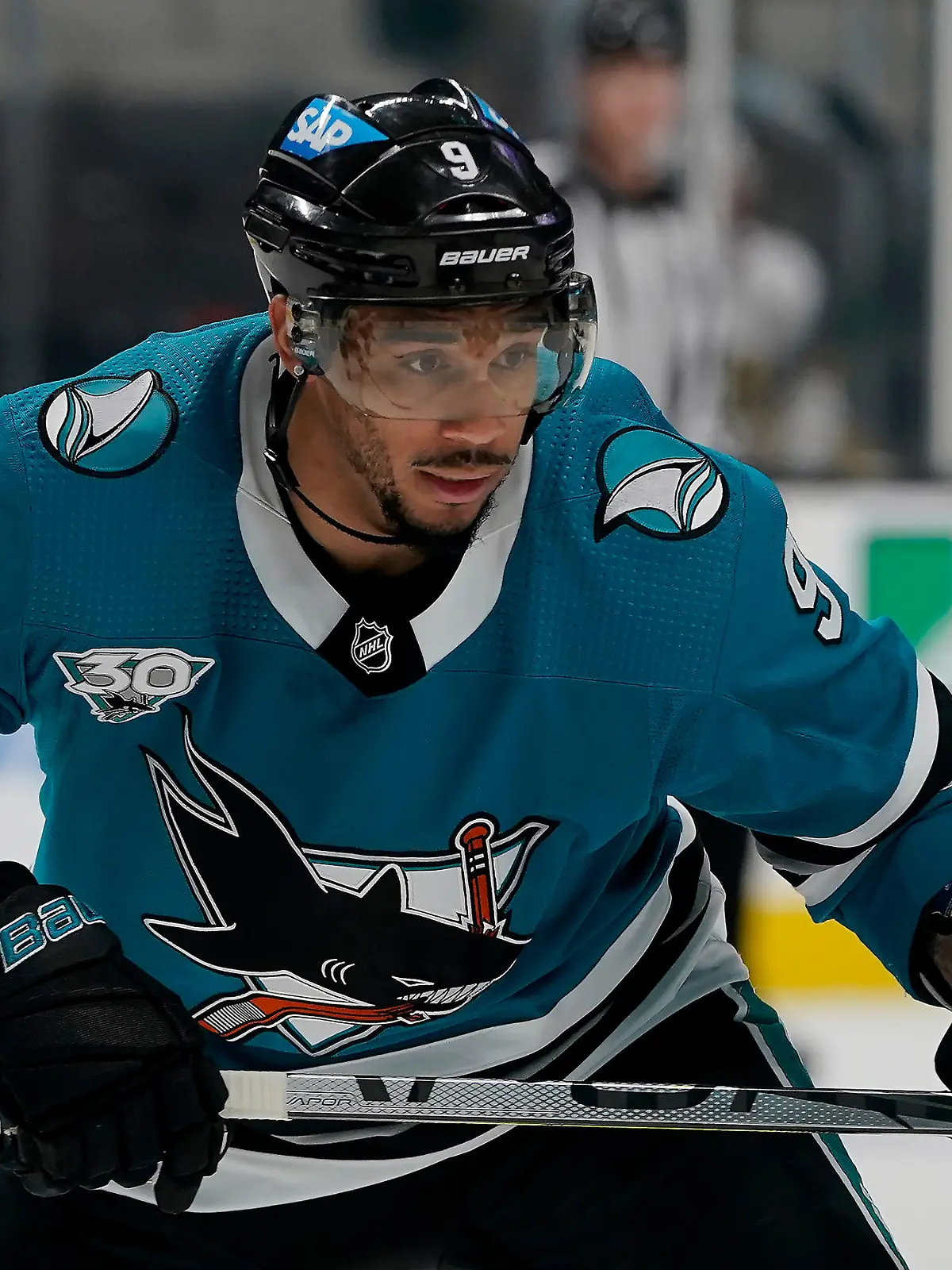San Jose Sharks left wing Evander Kane (9) against the Vegas Golden Knights during an NHL hockey game in San Jose, Calif., Wednesday, May 12, 2021. (AP Photo/Jeff Chiu)