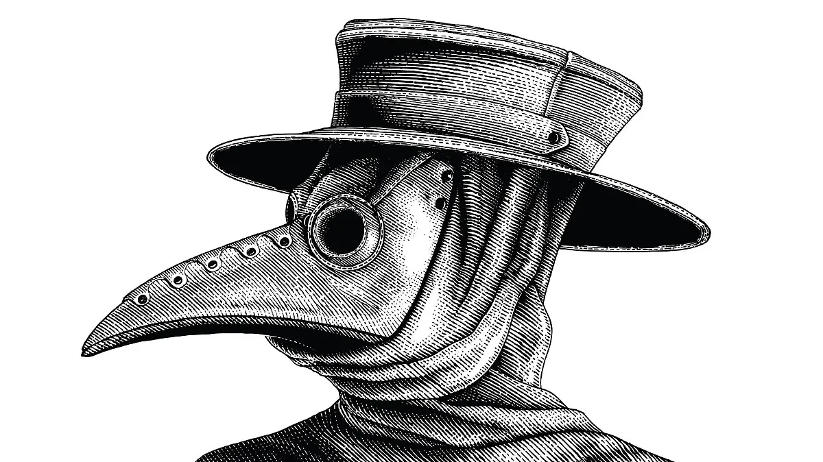 Plague doctor hand drawing vintage engraving isolate on white background