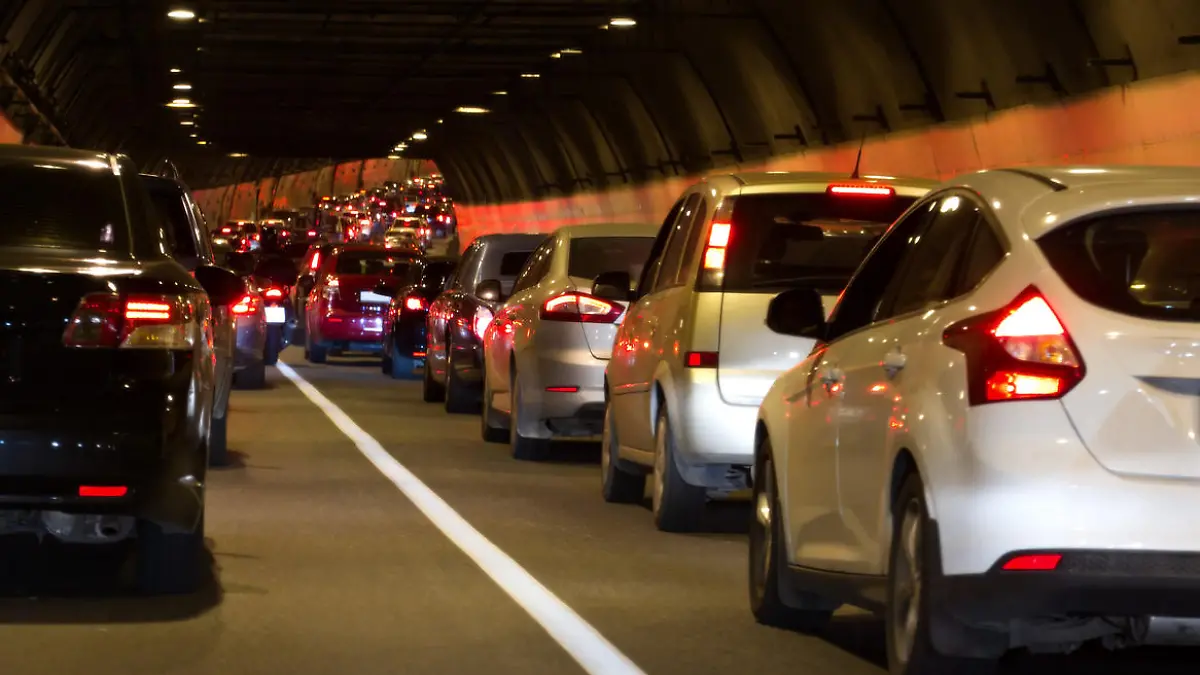Urban transportation scene: traffic jam in a tunnel in Moscow (Russia).