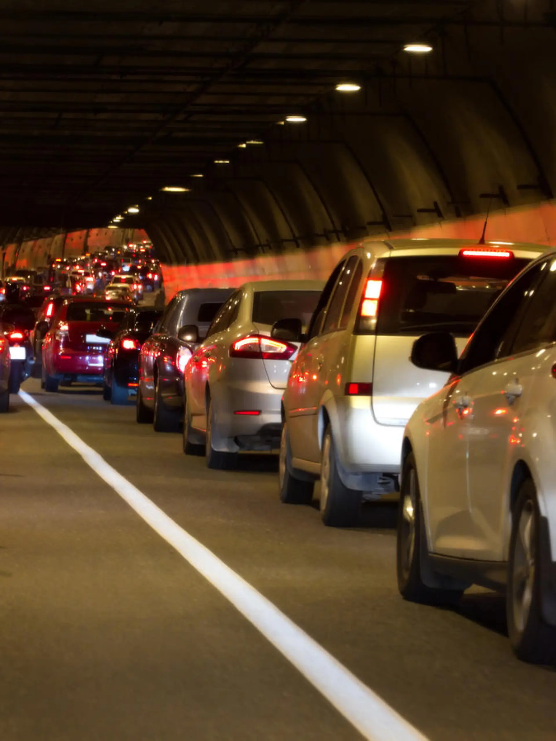 Urban transportation scene: traffic jam in a tunnel in Moscow (Russia).
