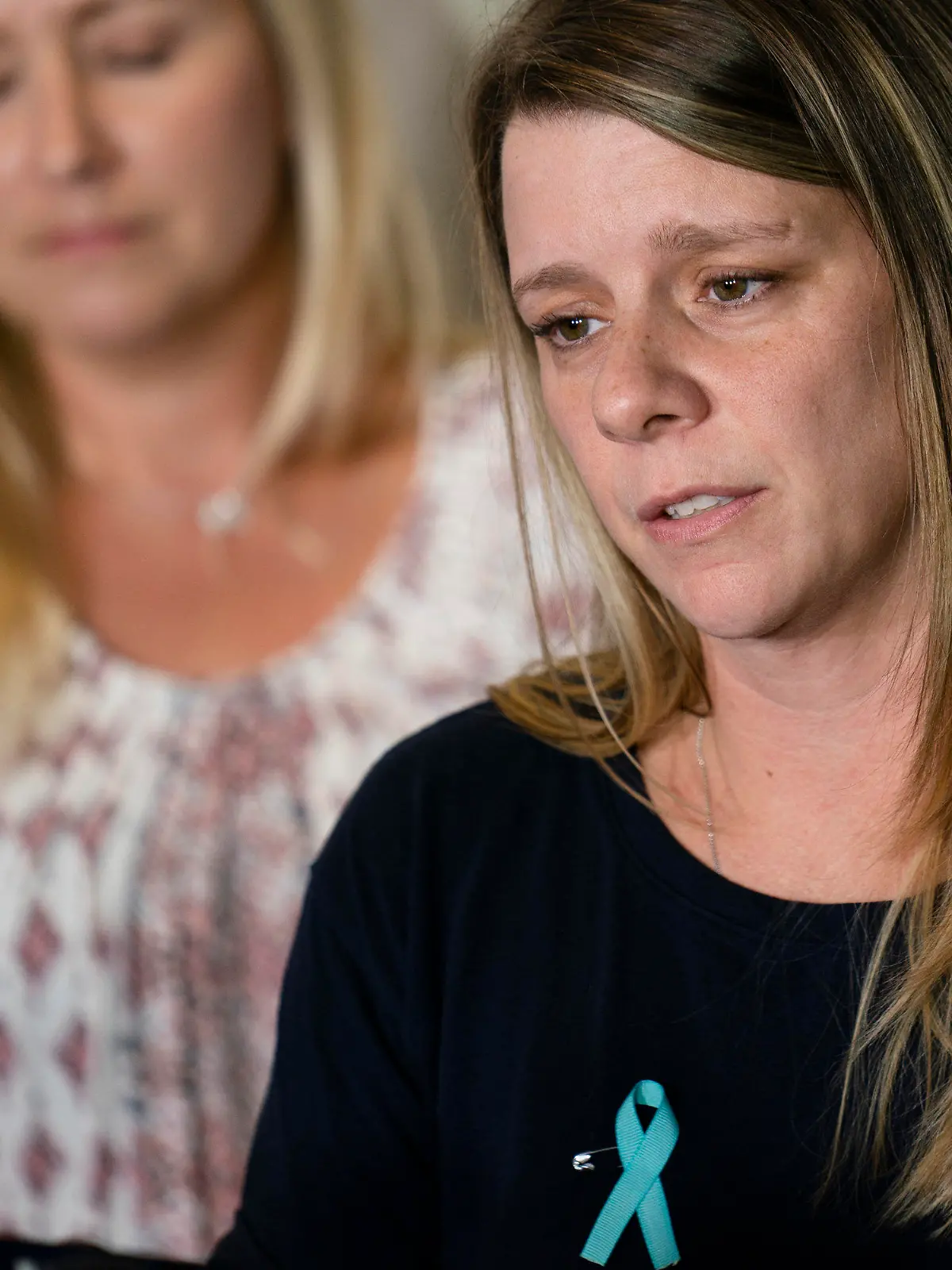 Nicole Schmidt, mother of Gabby Petito, whose death on a cross-country trip has sparked a manhunt for her boyfriend Brian Laundrie, speaks during a news conference, Tuesday, Sept. 28, 2021, in Bohemia, N.Y. (AP Photo/John Minchillo)