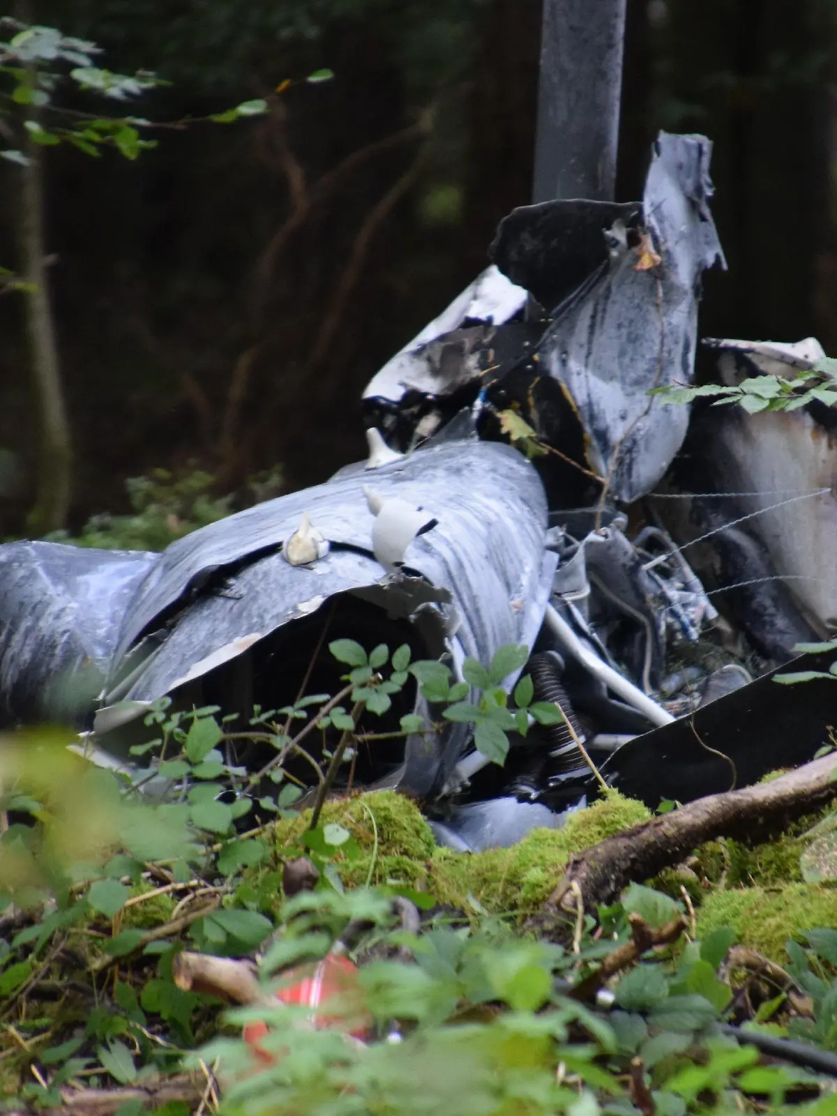 17.10.2021, Buchen: Trümmerteile eines Hubschraubers vom Typ Robinson R44 liegen in einem Wald nahe der Grenze zu Hessen und Bayern. Bei einem Hubschrauberabsturz sind drei Menschen im Norden Baden-Württembergs ums Leben gekommen. Ob noch jemand vermisst wurde, war einem Sprecher zufolge zunächst nicht bekannt. Foto: Julian Buchner/Einsatz-Report24/dpa +++ dpa-Bildfunk +++