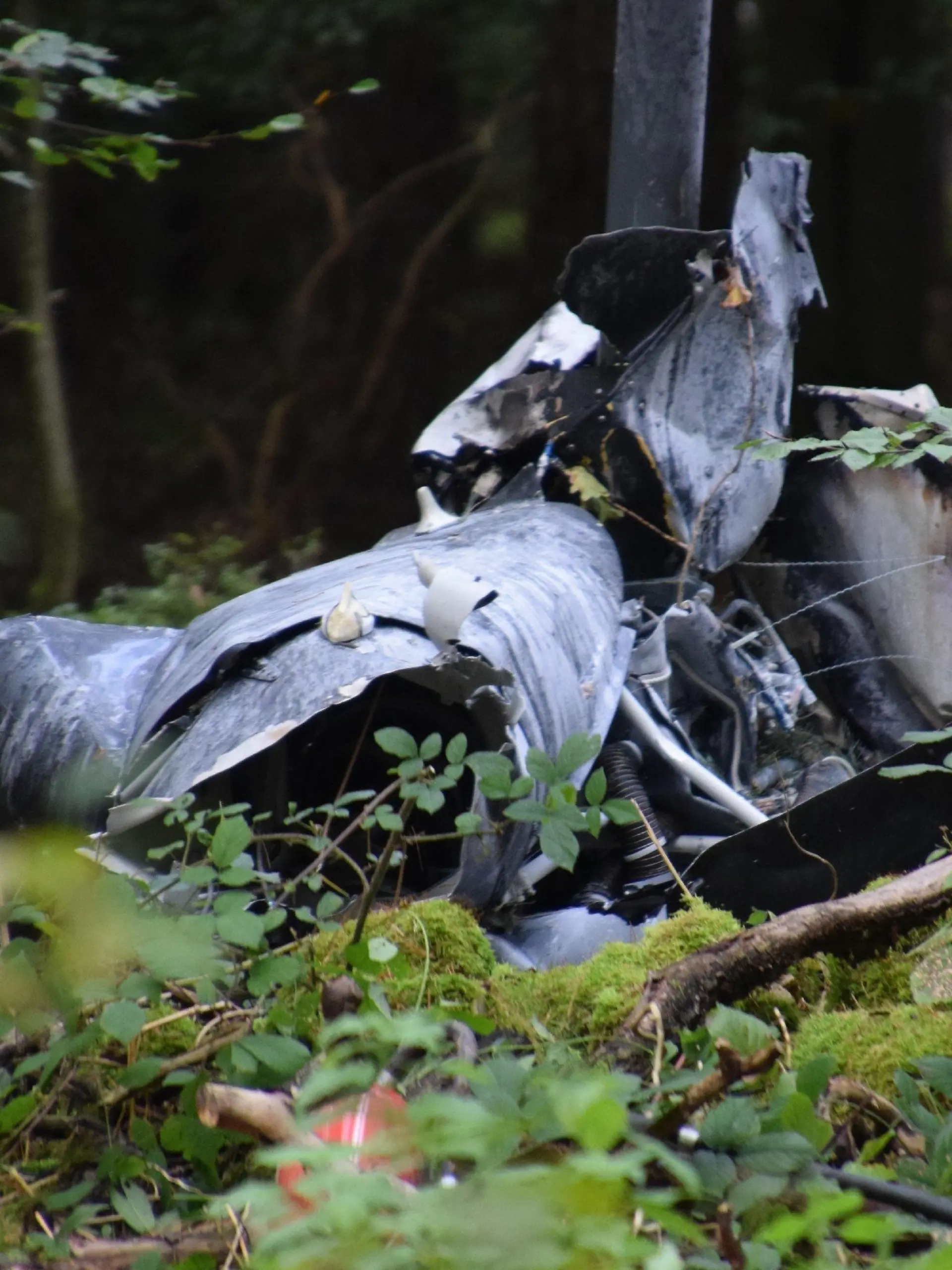 17.10.2021, Buchen: Trümmerteile eines Hubschraubers vom Typ Robinson R44 liegen in einem Wald nahe der Grenze zu Hessen und Bayern. Bei einem Hubschrauberabsturz sind drei Menschen im Norden Baden-Württembergs ums Leben gekommen. Ob noch jemand vermisst wurde, war einem Sprecher zufolge zunächst nicht bekannt. Foto: Julian Buchner/Einsatz-Report24/dpa +++ dpa-Bildfunk +++