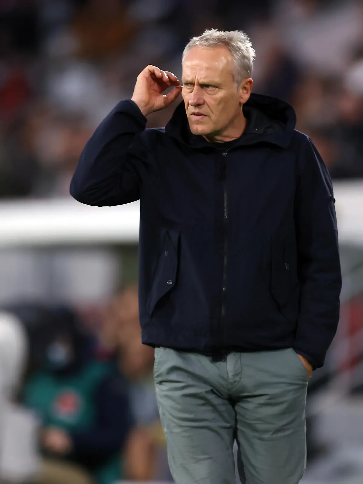 FREIBURG IM BREISGAU, GERMANY - OCTOBER 07: Head coach Christian Streich of Freiburg reacts  during the friendly match between SC Freiburg v FC St. Pauli at Europa-Park Stadion on October 07, 2021 in Freiburg im Breisgau, Germany. (Photo by Alex Grimm/Getty Images)
