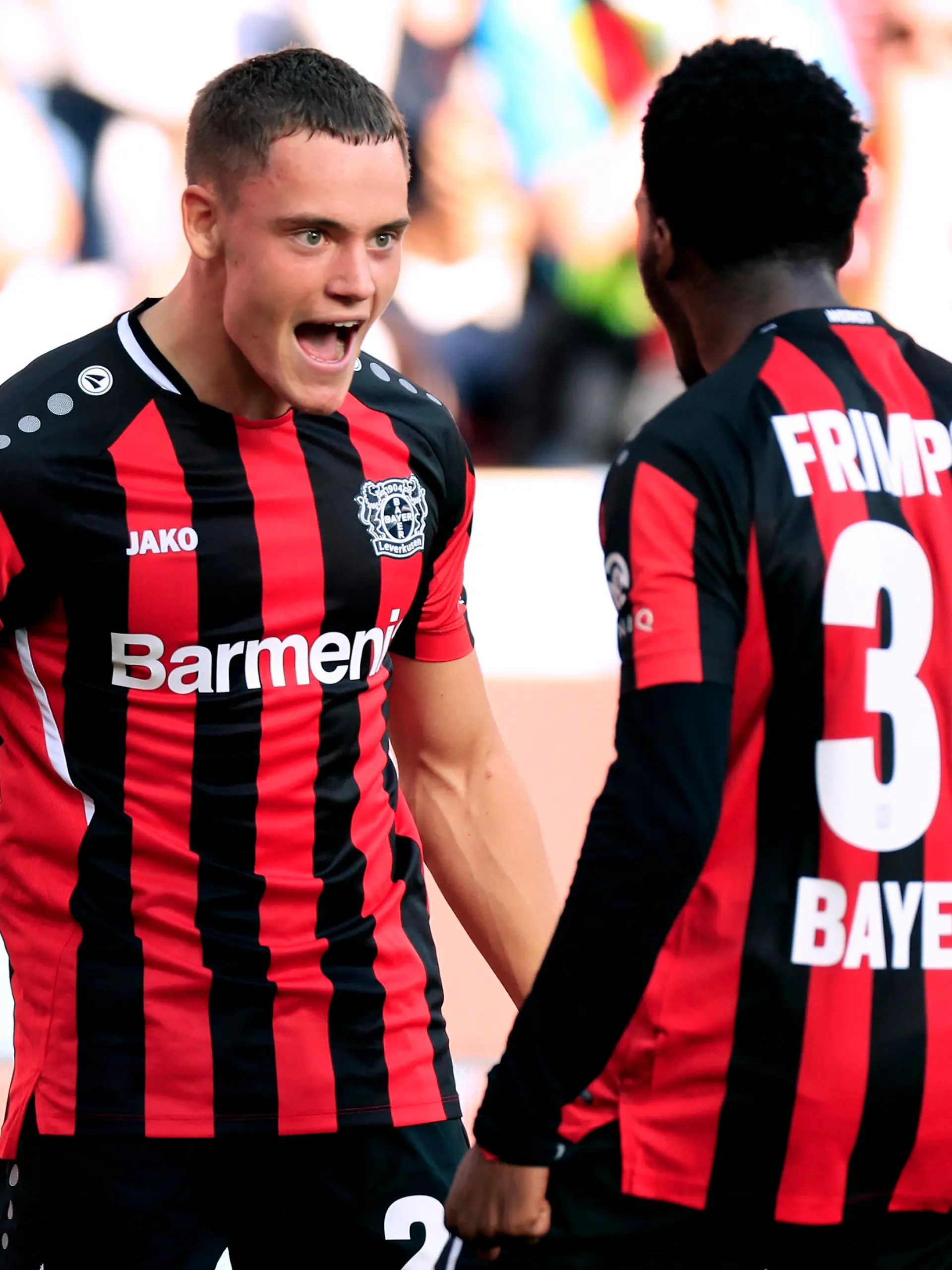  WIRTZ Florian Team Bayer 04 Leverkusen jubelt nach seinem Tor zum 1 : 0 Endstand mit FRIMPONG Jeremie 1.Fussball BL DFL Saison 2021 _ 2022 Spiel Bayer 04 Leverkusen - Mainz 1 : 0 am 25. 09. 2021 in Leverkusen DFL REGULATIONS PROHIBIT ANY USE OF PHOTOGRAPHS as IMAGE SEQUENCES and/or QUASI-VIDEO *** WIRTZ Florian Team Bayer 04 Leverkusen cheers after his goal to 1 0 final score with FRIMPONG Jeremie 1 Football BL DFL Season 2021 2022 Match Bayer 04 Leverkusen Mainz 1 0 on 25 09 2021 in Leverkusen DFL REGULATIONS PROHIBIT ANY USE OF PHOTOGRAPHS as IMAGE SEQUENCES and or QUASI VIDEO