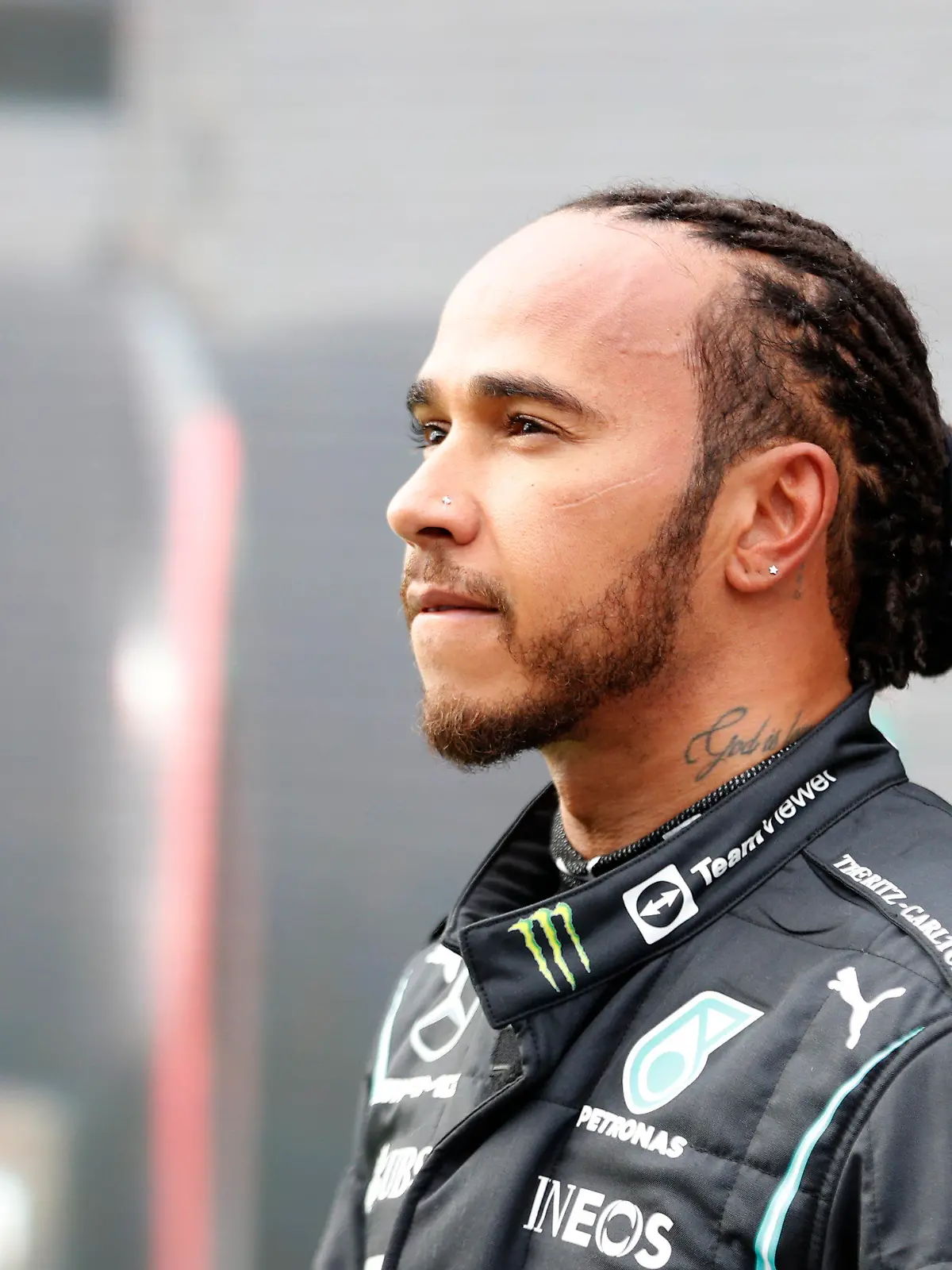 Mercedes driver Lewis Hamilton of Britain, reacts to the crowds after the end of qualifying for Sunday's Formula One Turkish Grand Prix at the Intercity Istanbul Park circuit in Istanbul, Turkey, Saturday, Oct. 9, 2021. Hamilton who took pole position will start 10th due to a penalty with Mercedes driver Valtteri Bottas of Finland who came second promoted to pole. (Umit Bektas/Pool Photo via AP)