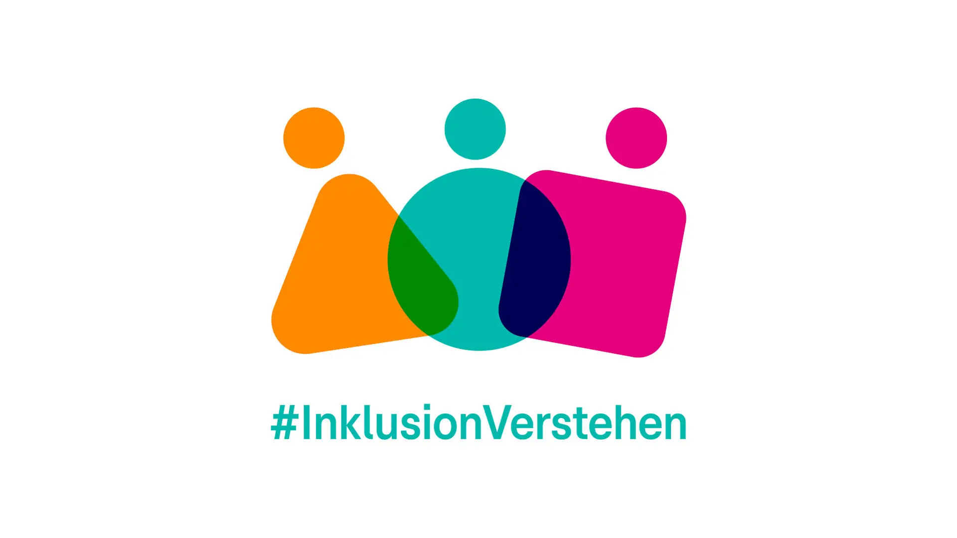 Drei geometrische Figuren stehen nebeneinander. Eine ist orange, eine grün, eine pink. Darunter steht der Schriftzug #InklusionVerstehen