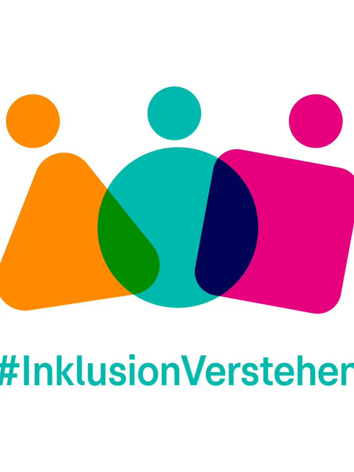 Drei geometrische Figuren stehen nebeneinander. Eine ist orange, eine grün, eine pink. Darunter steht der Schriftzug #InklusionVerstehen