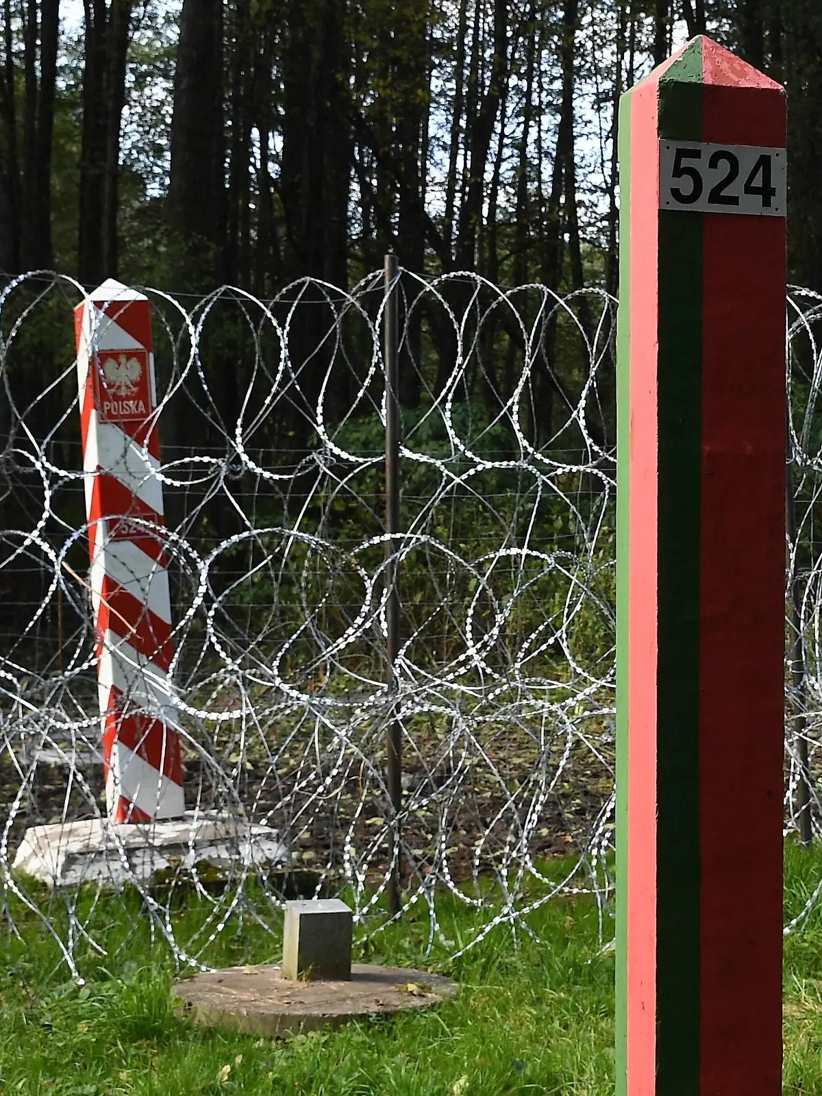 Belarus Poland Border Refugees 6662792 29.09.2021 Barbed wire is seen installed between boundary pillars on the border between Belarus and Poland near the village of Usnarz Dolny, Belarus. In recent months, Latvia, Lithuania and Poland have reported an influx of undocumented migrants trying to cross into the EU from Belarus and accused Minsk of facilitating illegal migration to destabilize the bloc in retaliation for sweeping sanctions. Viktor Tolochko / Sputnik Usnarz Dolny Belarus PUBLICATIONxINxGERxSUIxAUTxONLY Copyright: xViktorxTolochkox 