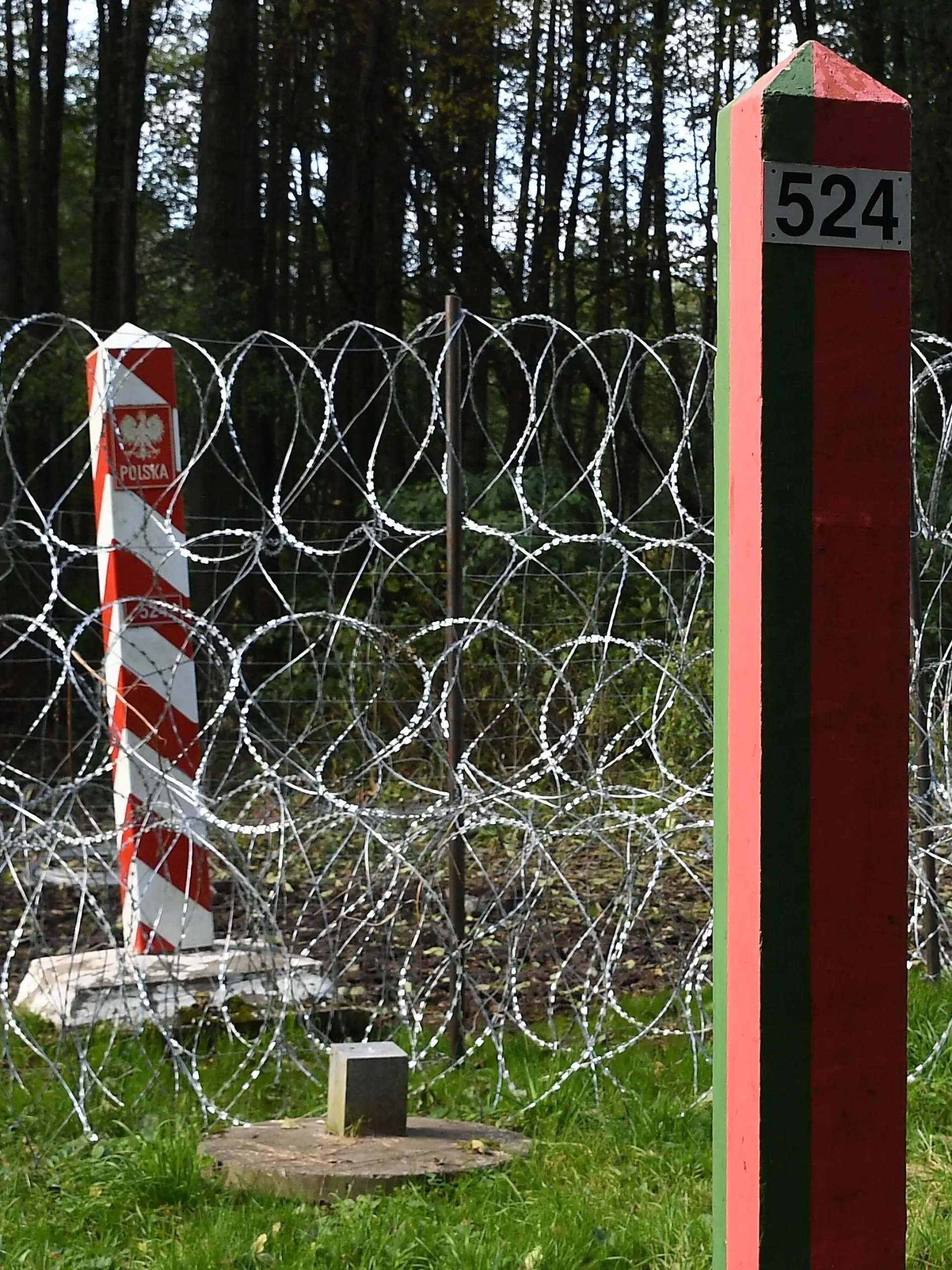 Belarus Poland Border Refugees 6662792 29.09.2021 Barbed wire is seen installed between boundary pillars on the border between Belarus and Poland near the village of Usnarz Dolny, Belarus. In recent months, Latvia, Lithuania and Poland have reported an influx of undocumented migrants trying to cross into the EU from Belarus and accused Minsk of facilitating illegal migration to destabilize the bloc in retaliation for sweeping sanctions. Viktor Tolochko / Sputnik Usnarz Dolny Belarus PUBLICATIONxINxGERxSUIxAUTxONLY Copyright: xViktorxTolochkox 
