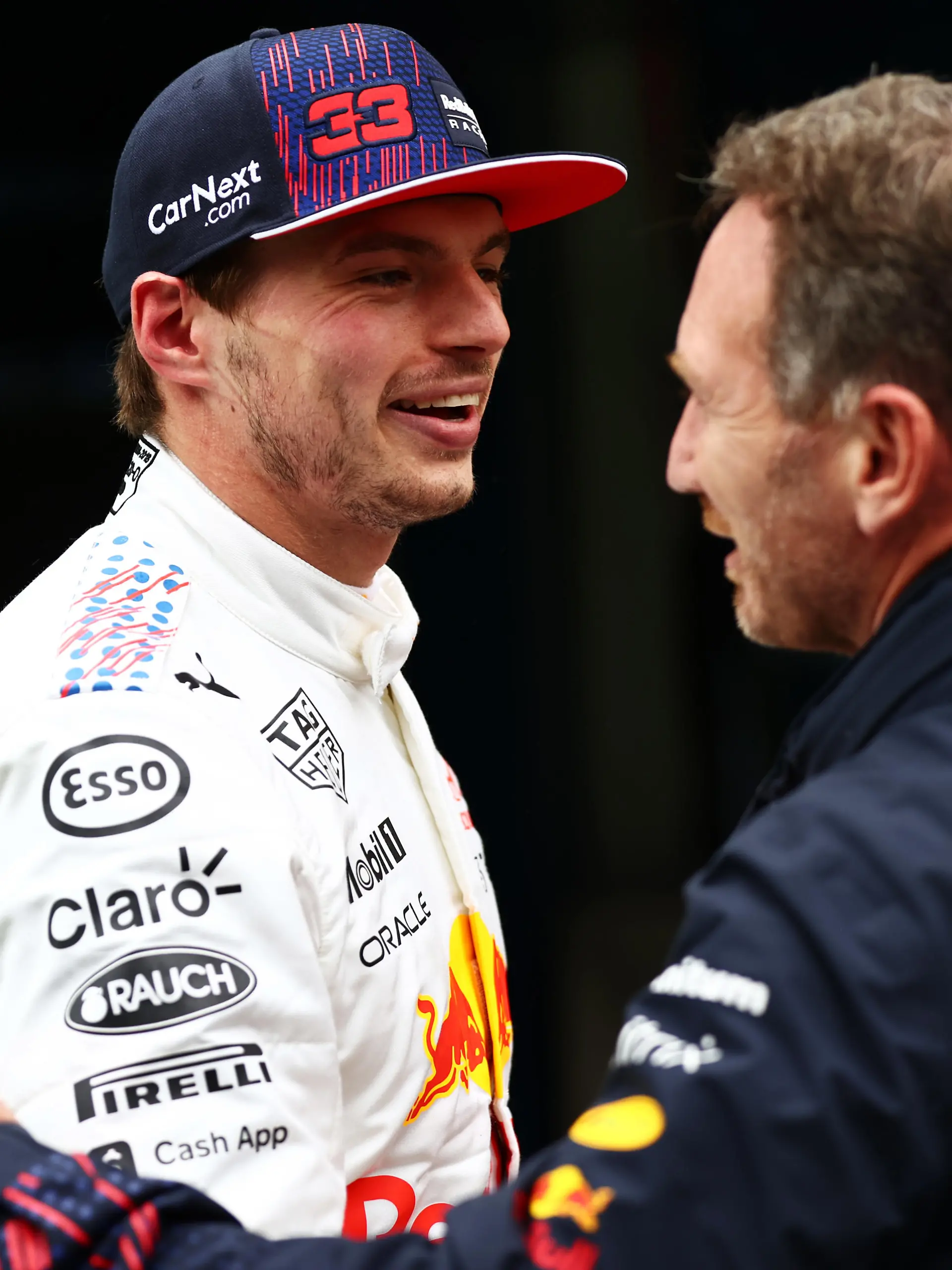 ISTANBUL, TURKEY - OCTOBER 10: Second placed Max Verstappen of Netherlands and Red Bull Racing and Red Bull Racing Team Principal Christian Horner celebrate in parc ferme during the F1 Grand Prix of Turkey at Intercity Istanbul Park on October 10, 2021 in Istanbul, Turkey. (Photo by Mark Thompson/Getty Images)