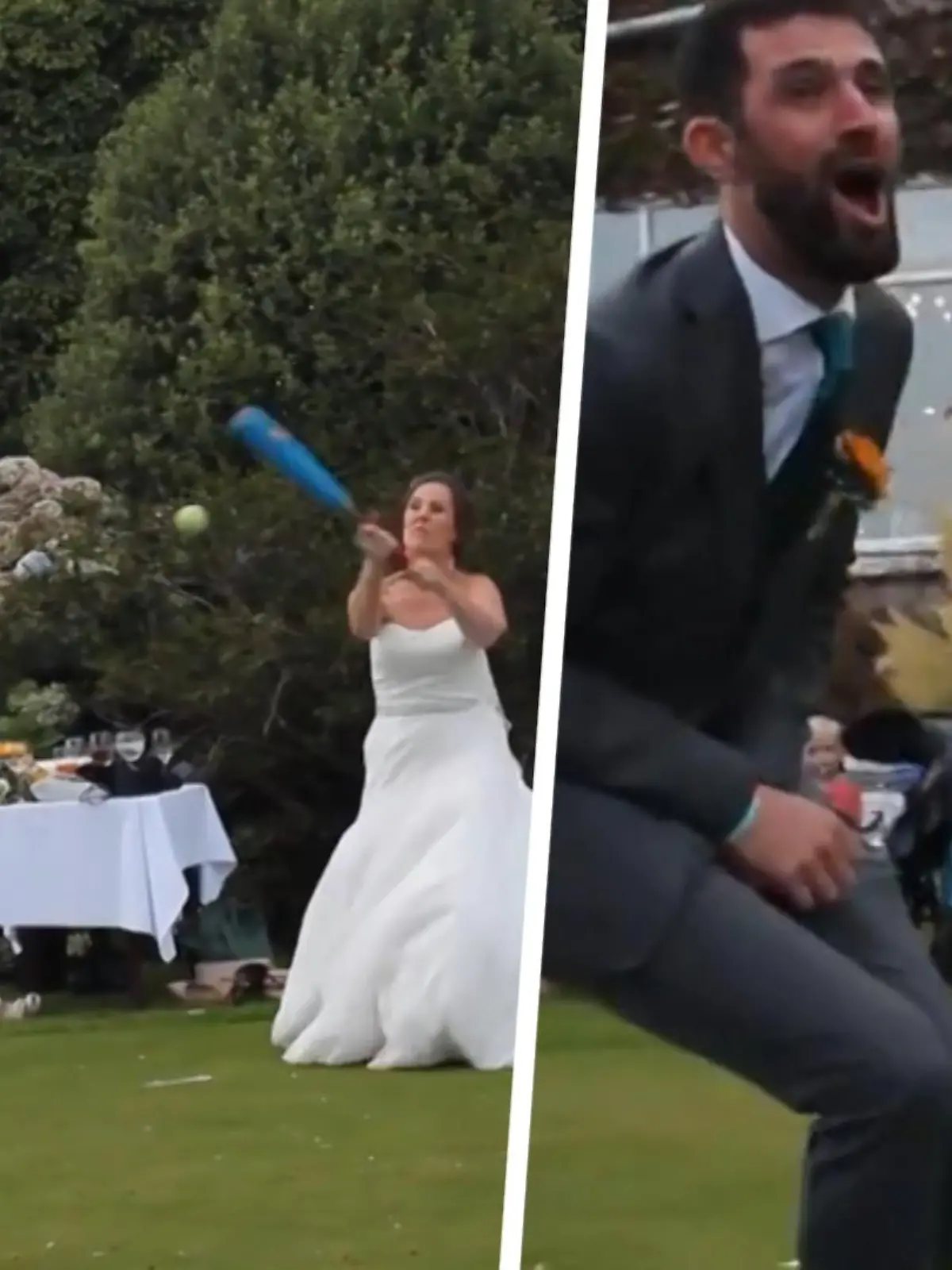 Sarah Chesterfield hat sich eine Partie Rounders als Hochzeitsspiel gewünscht, also quasi das britische Baseball. Ihr Ehemann Matt wirft den Ball, sie schlägt zu – und trifft ihn genau zwischen die Beine. Auch wenn wahre Liebe alle Wunden heilt: Das muss weh getan haben! Den Schlag, seine Reaktion und warum Sarah erst noch eine Runde läuft, bevor sie sich um ihren Liebsten kümmert, zeigen wir im Video.