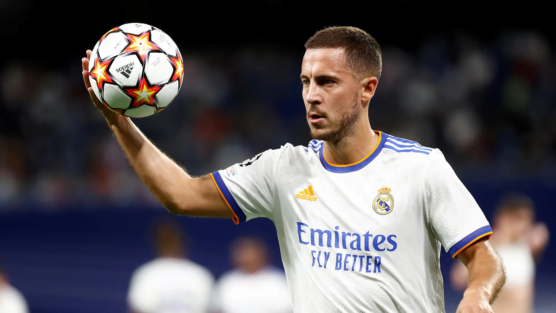 FILE PHOTO: Eden Hazard with the match ball after Real Madrid's Champions League Group D match against Sheriff Tiraspol at the Santiago Bernabeu, Madrid, Spain, September 28, 2021. REUTERS/Juan Medina/File Photo