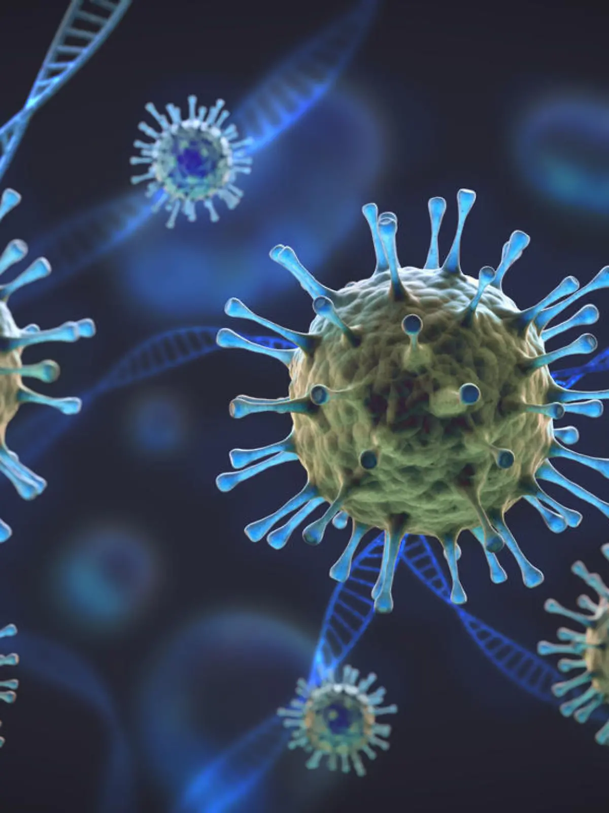 Green and blue coronavirus cells under magnification intertwined with DNA cell structure