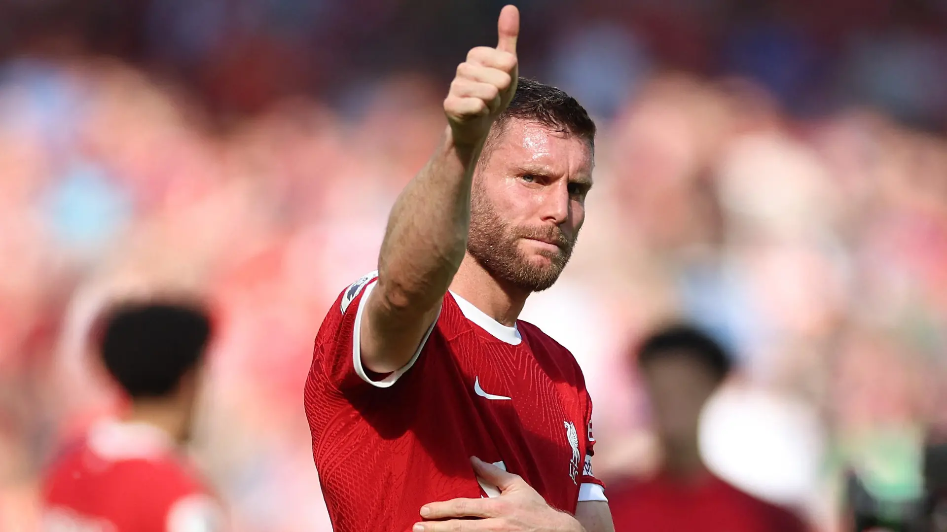 Soccer Football - Premier League - Liverpool v Aston Villa - Anfield, Liverpool, Britain - May 20, 2023 Liverpool's James Milner reacts after the match REUTERS/Phil Noble EDITORIAL USE ONLY. No use with unauthorized audio, video, data, fixture lists, club/league logos or 'live' services. Online in-match use limited to 75 images, no video emulation. No use in betting, games or single club /league/player publications. Please contact your account representative for further details.