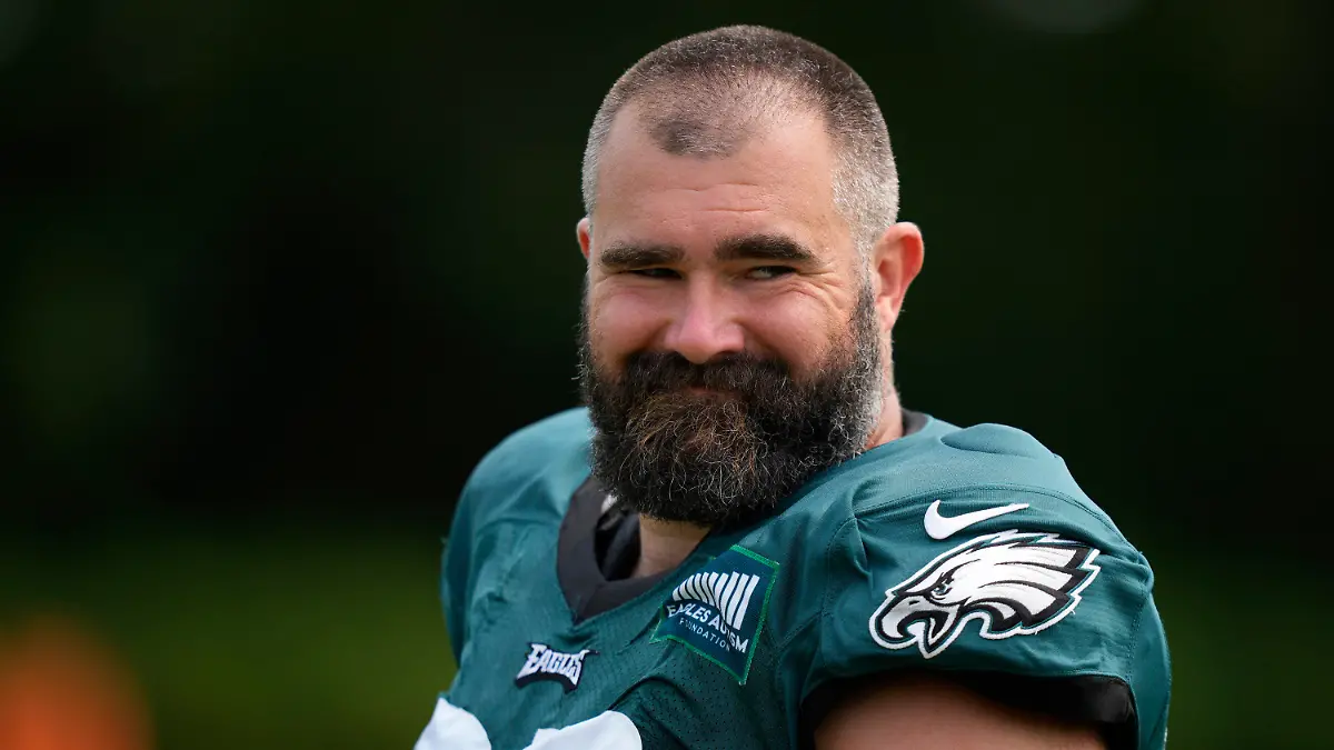 Philadelphia Eagles' Jason Kelce smiles during the NFL football team's training camp, Thursday, Aug. 3, 2023, in Philadelphia. (AP Photo/Matt Slocum)