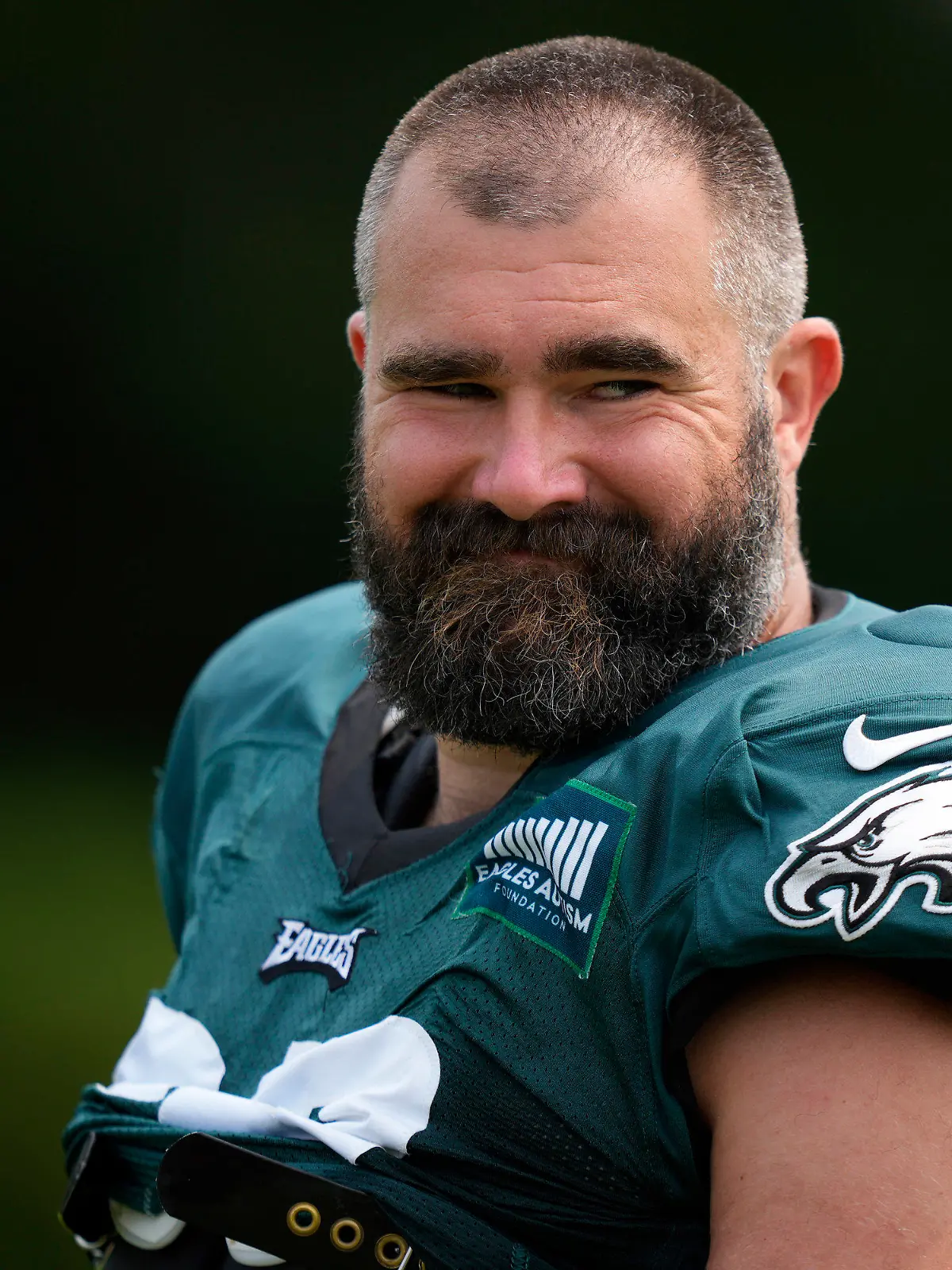 Philadelphia Eagles' Jason Kelce smiles during the NFL football team's training camp, Thursday, Aug. 3, 2023, in Philadelphia. (AP Photo/Matt Slocum)