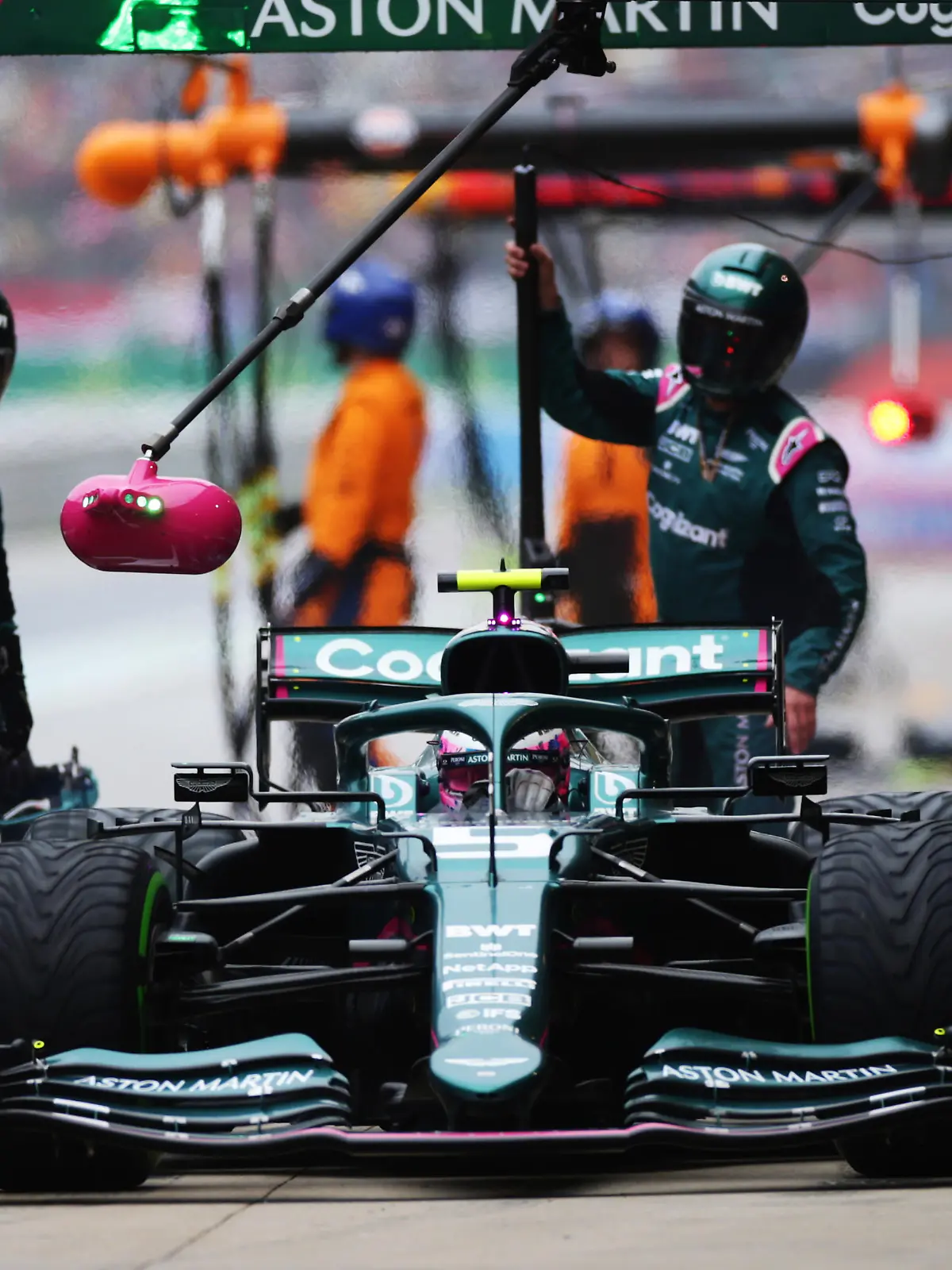 ISTANBUL, TURKEY - OCTOBER 10: Sebastian Vettel of Germany driving the (5) Aston Martin AMR21 Mercedes makes a pitstop during the F1 Grand Prix of Turkey at Intercity Istanbul Park on October 10, 2021 in Istanbul, Turkey. (Photo by Peter Fox/Getty Images)