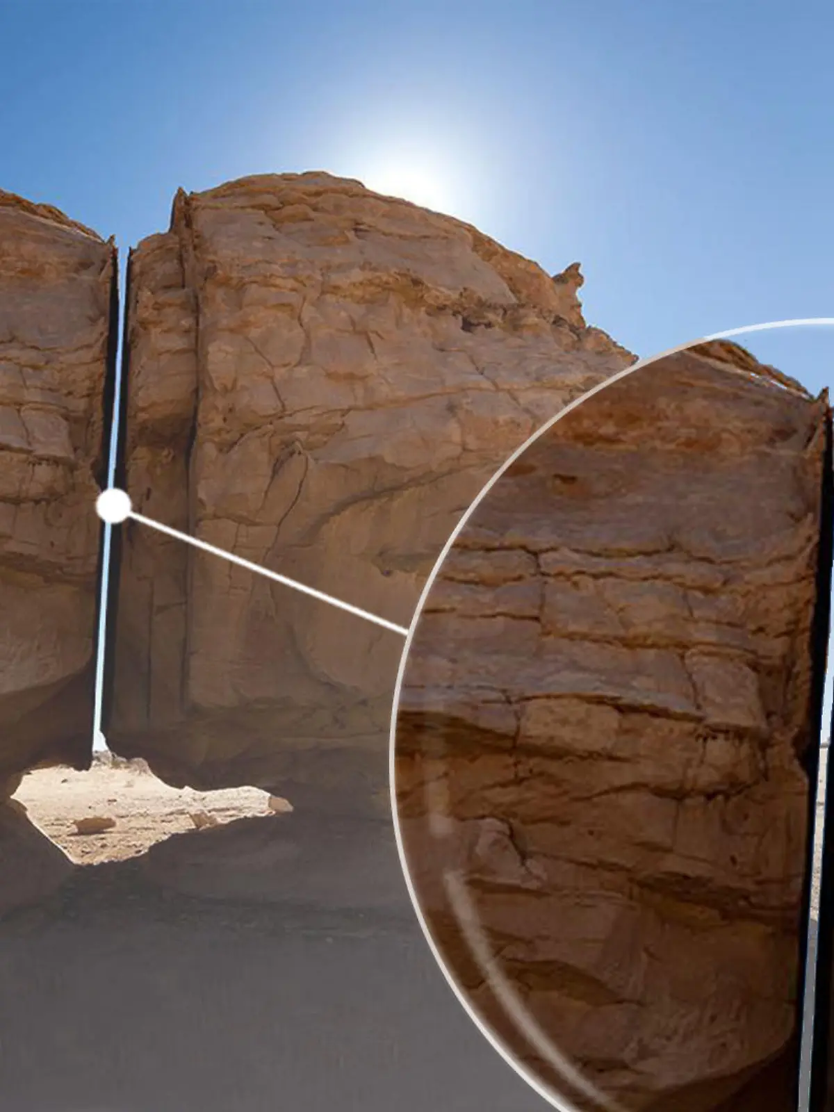 Im Artikel spekulieren wir über einen Felsen in Saudia-Arabien - es scheint nämlich so, als ob dieser in der Mitte mit einem Laser zerschnitten wurde. Waren hier etwa Aliens am Werk? :lächeln:
Für den Teaser würde ich dich bitten einen Ausschnitt dieser Spalte (mit einer Lupe?) zu vergrößern.
