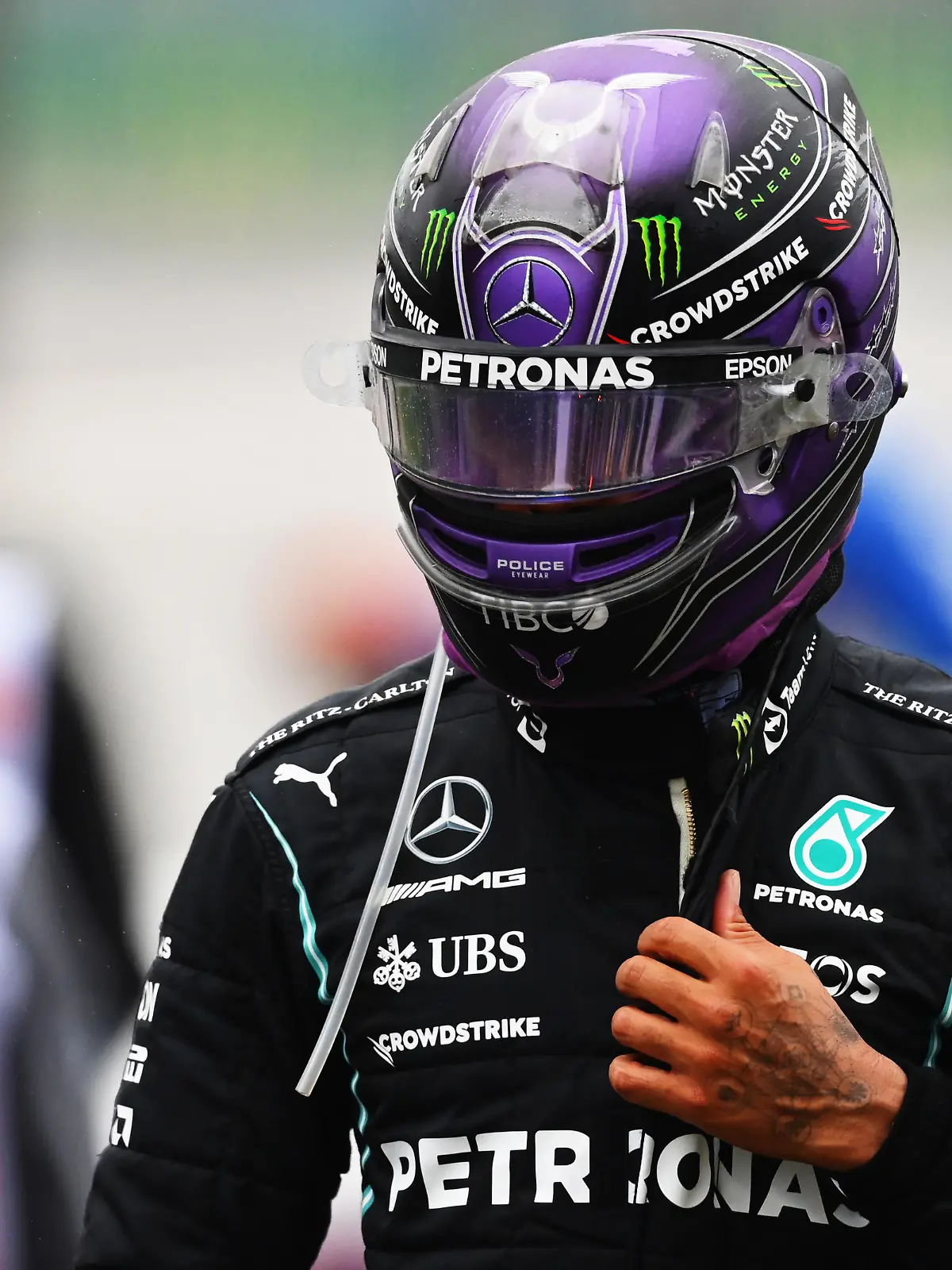 ISTANBUL, TURKEY - OCTOBER 10: Lewis Hamilton of Great Britain and Mercedes GP looks on in parc ferme during the F1 Grand Prix of Turkey at Intercity Istanbul Park on October 10, 2021 in Istanbul, Turkey. (Photo by Dan Mullan/Getty Images)