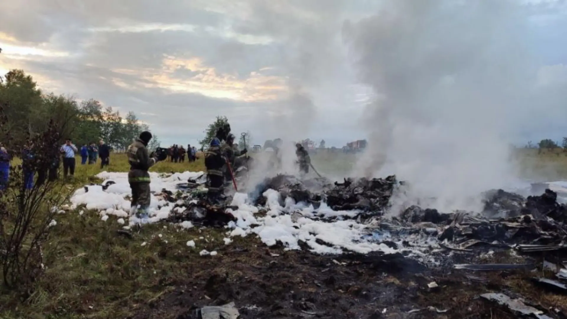 RUSSIA, TVER REGION - AUGUST 23, 2023: Battling a fire at the crash site of an Embraer ERG 135 plane (registration RA-02795). On August 23, the jet crashed in Tver Region on a flight from Moscow's Sheremetyevo Airport to St Petersburg. Russian Investigative Committee/TASS / action press
