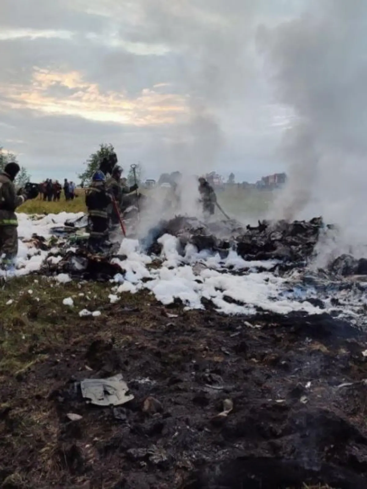 RUSSIA, TVER REGION - AUGUST 23, 2023: Battling a fire at the crash site of an Embraer ERG 135 plane (registration RA-02795). On August 23, the jet crashed in Tver Region on a flight from Moscow's Sheremetyevo Airport to St Petersburg. Russian Investigative Committee/TASS / action press