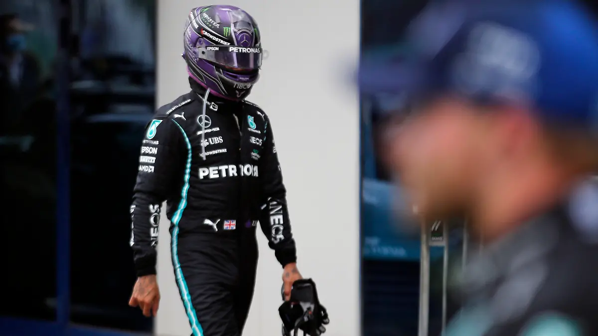 Mercedes driver Lewis Hamilton of Britain reacts after the Turkish Formula One Grand Prix at the Intercity Istanbul Park circuit in Istanbul, Turkey, Sunday, Oct. 10, 2021. (Umit Bektas/Pool via AP)