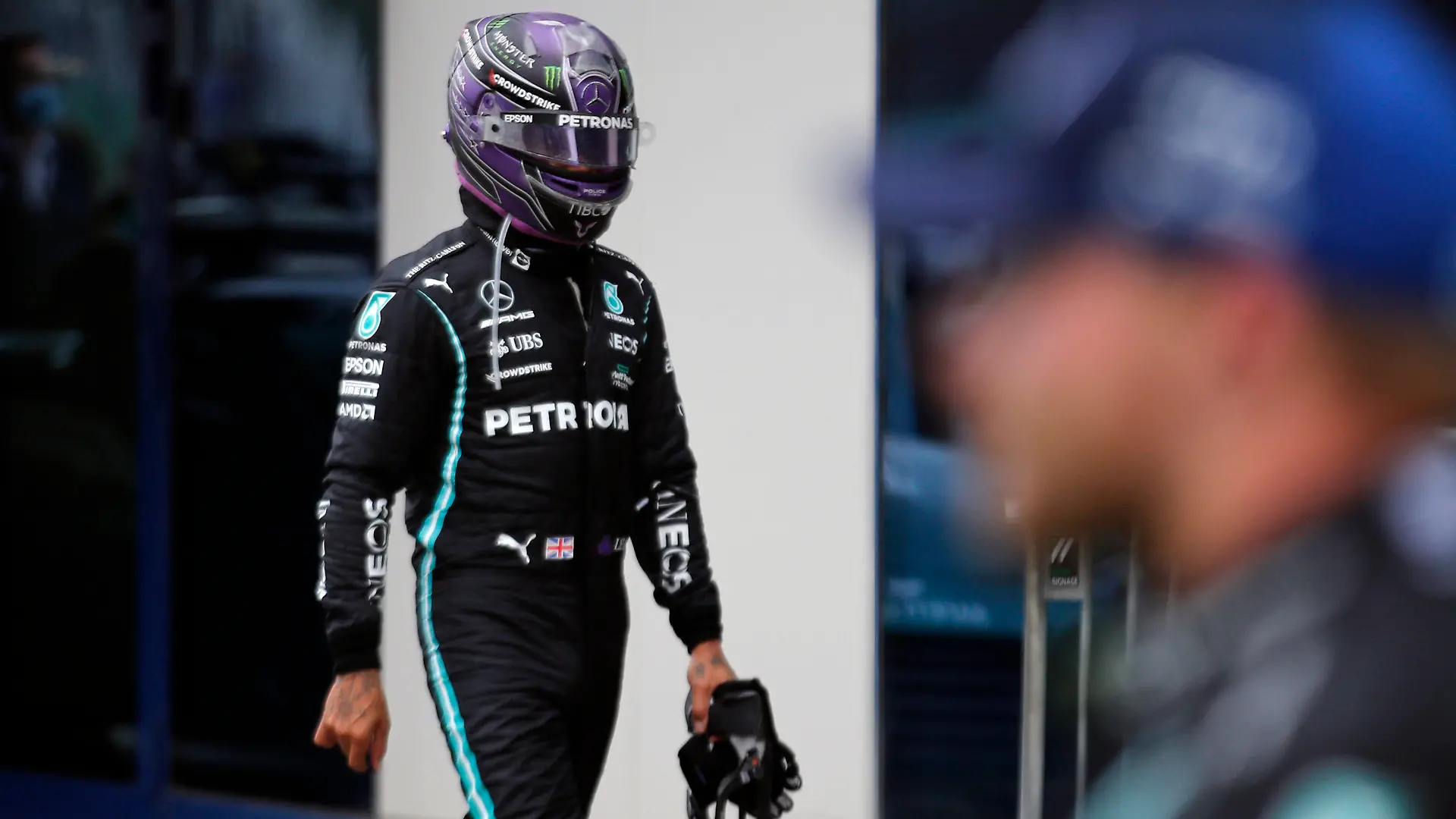 Mercedes driver Lewis Hamilton of Britain reacts after the Turkish Formula One Grand Prix at the Intercity Istanbul Park circuit in Istanbul, Turkey, Sunday, Oct. 10, 2021. (Umit Bektas/Pool via AP)