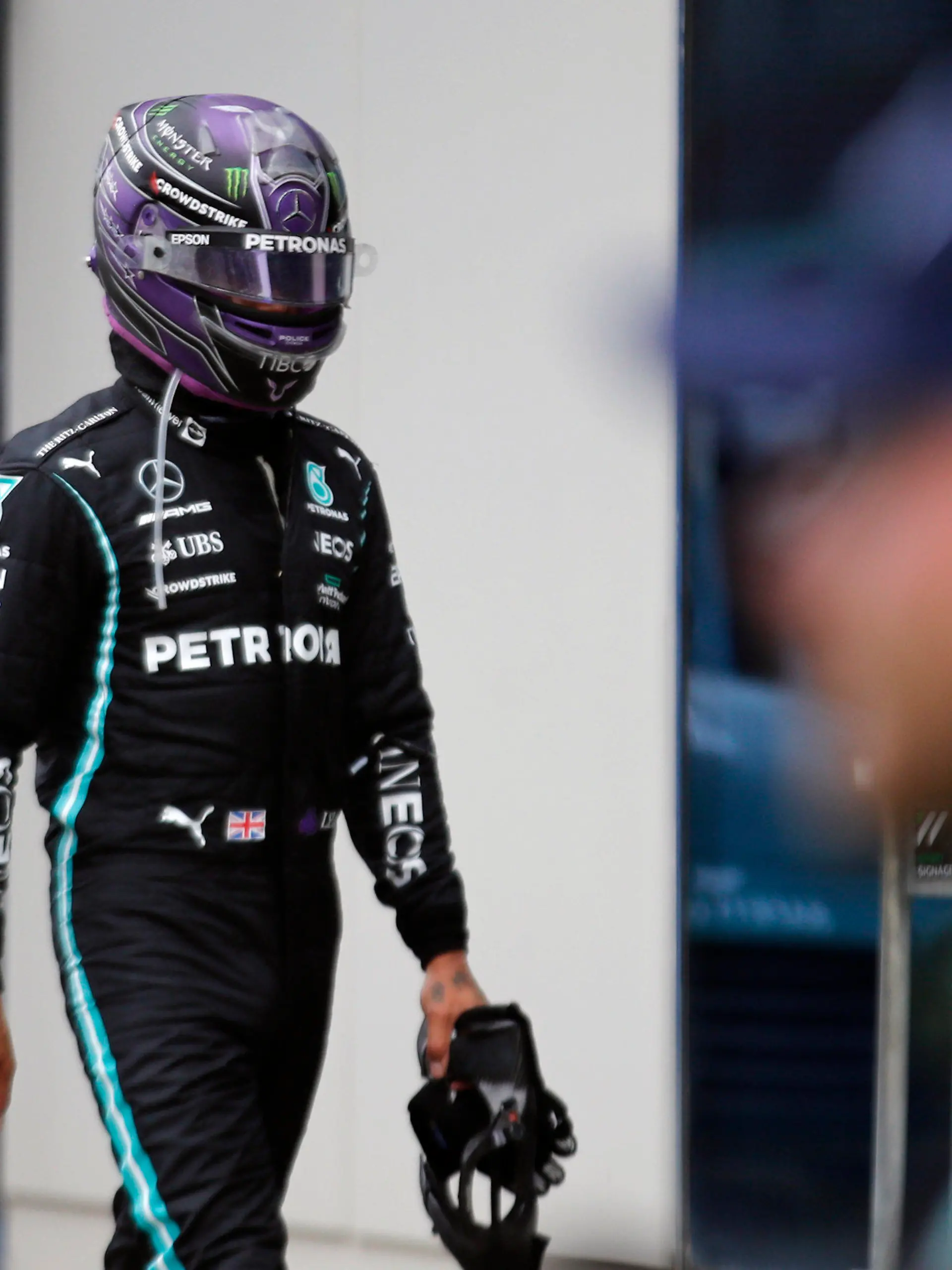 Mercedes driver Lewis Hamilton of Britain reacts after the Turkish Formula One Grand Prix at the Intercity Istanbul Park circuit in Istanbul, Turkey, Sunday, Oct. 10, 2021. (Umit Bektas/Pool via AP)
