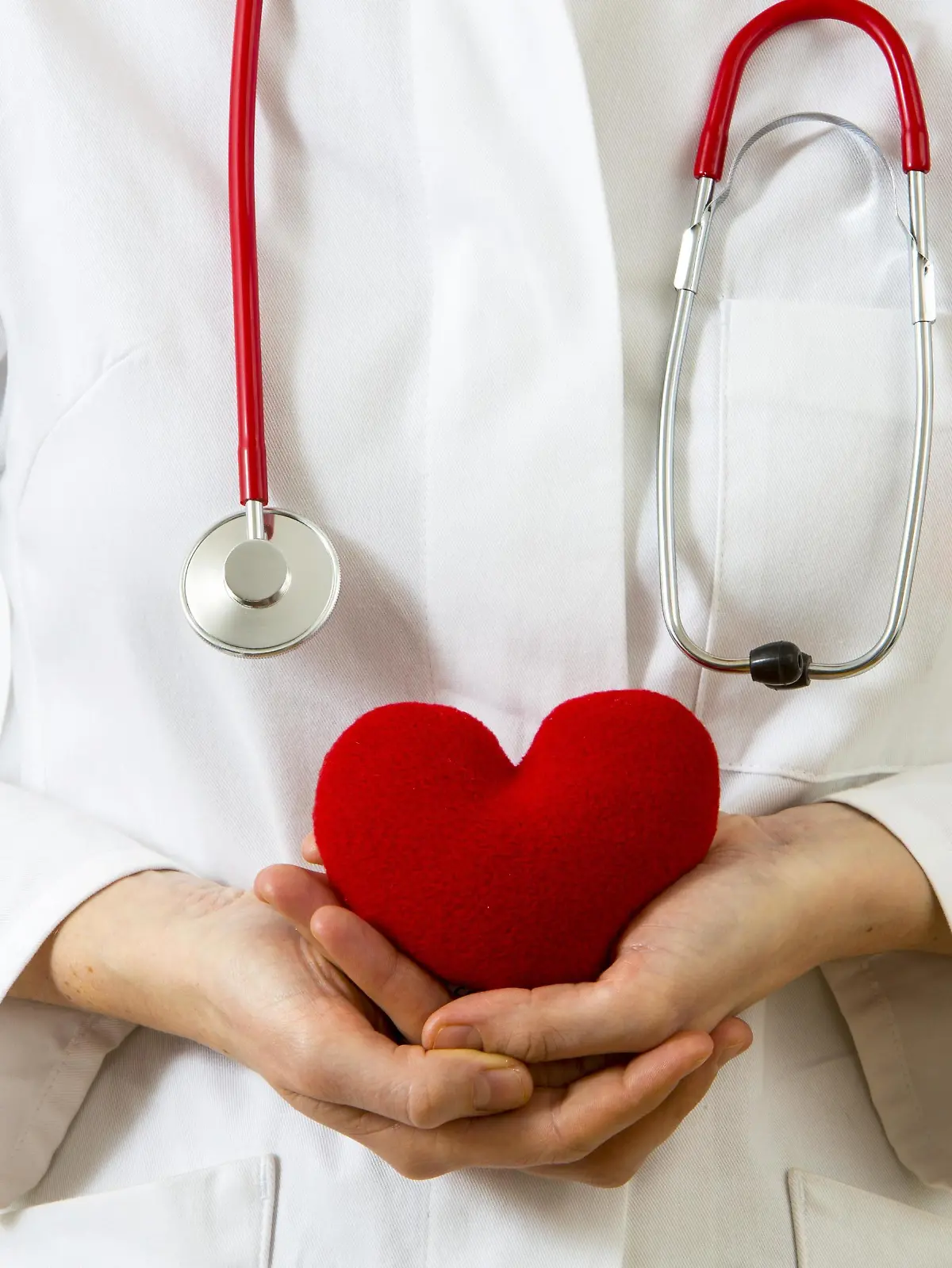 Medizinerin hält ein rotes Herz in den Händen, Symbolbild Herzinfarkt | Verwendung weltweit, Keine Weitergabe an Wiederverkäufer.