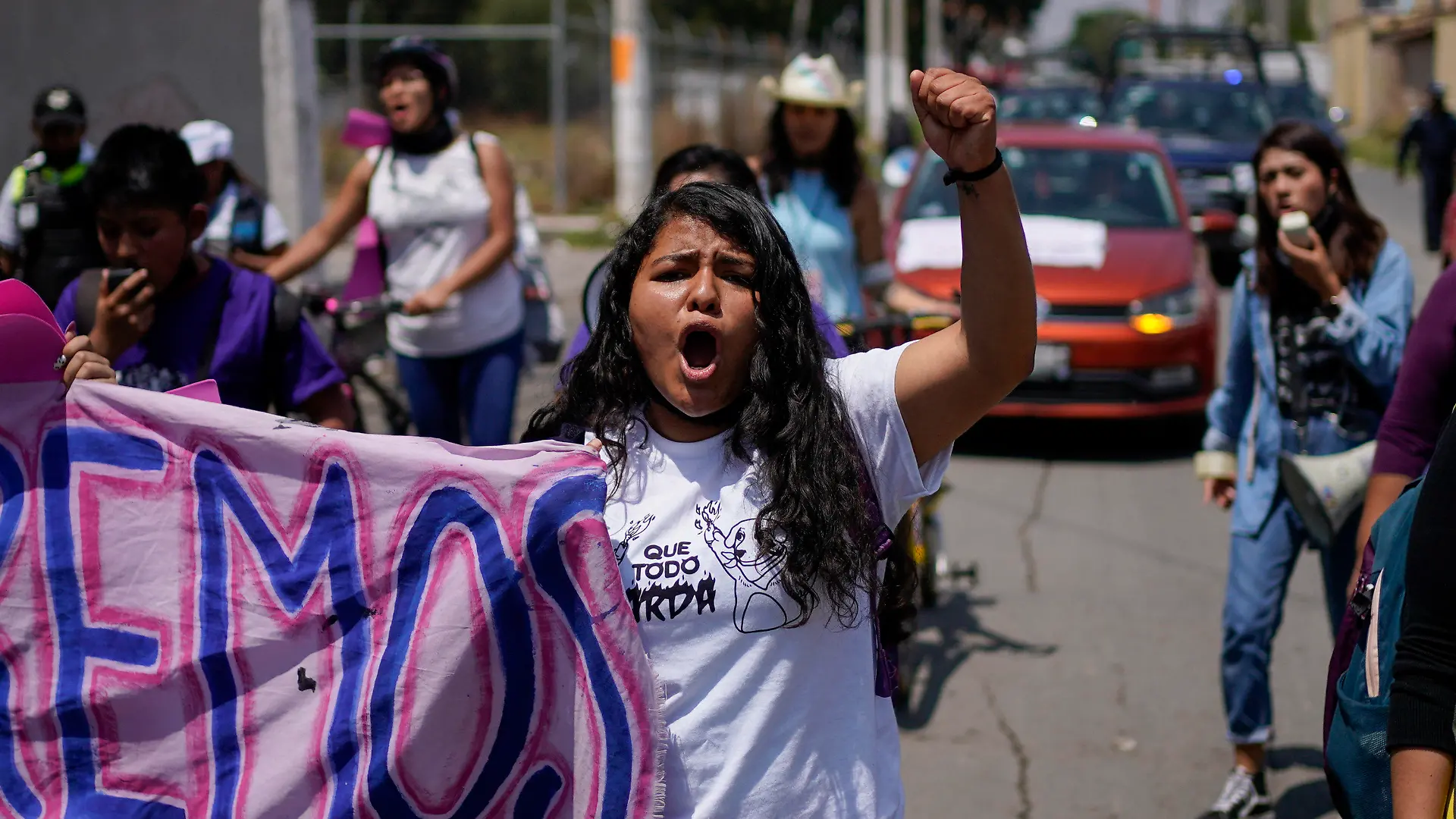 FILE - Roxana Ruiz shouts slogans during a march in memory of Diana Velazquez, who was making a call outside her home in 2017 when she was disappeared, raped and killed, in Chimalhuacan, State of Mexico, Mexico, July 2, 2022. Ruiz, who killed a man defending herself when he attacked and raped her in 2021 was sentenced to more than six years in prison, a decision her legal defense called “discriminatory” and vowed to appeal Tuesday, May 16, 2023.(AP Photo/Eduardo Verdugo, File)
