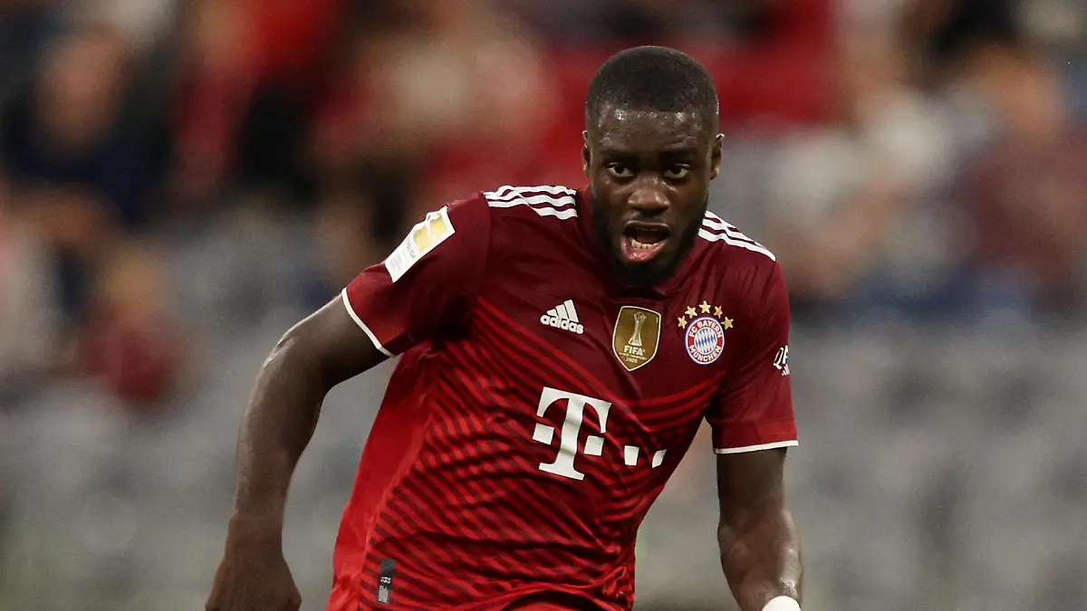 MUNICH, GERMANY - OCTOBER 03: Dayot Upamecano of FC Bayern Muenchen passes the ball during the Bundesliga match between FC Bayern München and Eintracht Frankfurt at Allianz Arena on October 03, 2021 in Munich, Germany. (Photo by Adam Pretty/Getty Images)