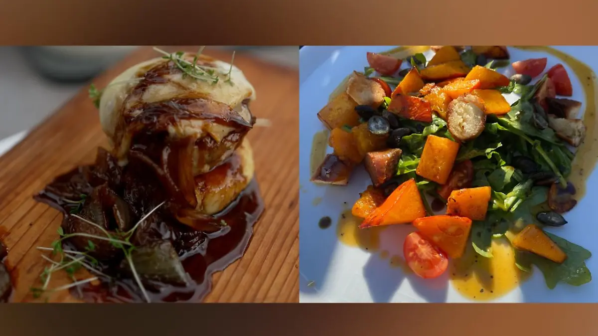 Weißwurst-Kartoffelburger mit Kürbis-Salat und Brezel-Croutons