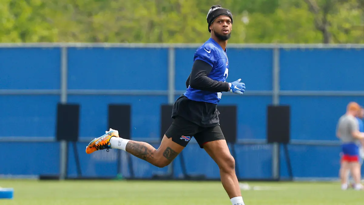 Buffalo Bills defensive back Damar Hamlin (3) works out during NFL football practice in Orchard Park, N.Y., Tuesday, May 23, 2023. (AP Photo/Jeffrey T. Barnes)