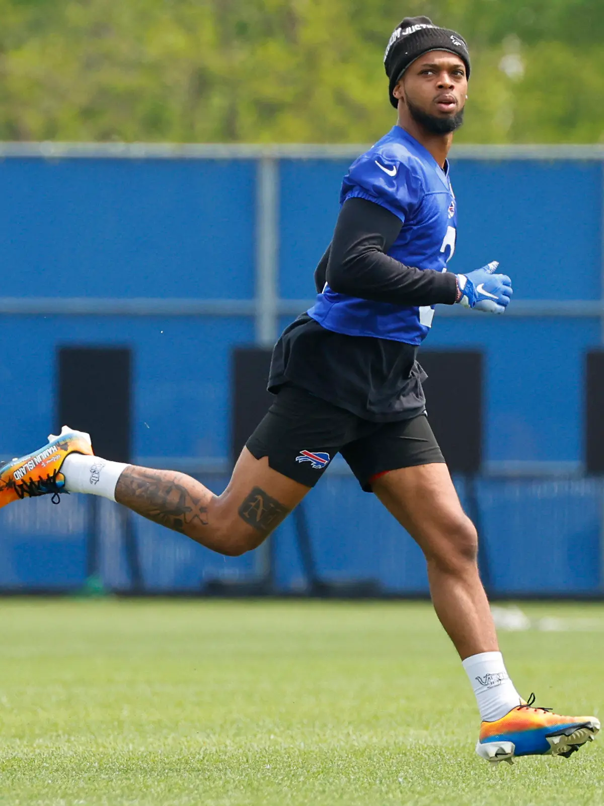 Buffalo Bills defensive back Damar Hamlin (3) works out during NFL football practice in Orchard Park, N.Y., Tuesday, May 23, 2023. (AP Photo/Jeffrey T. Barnes)