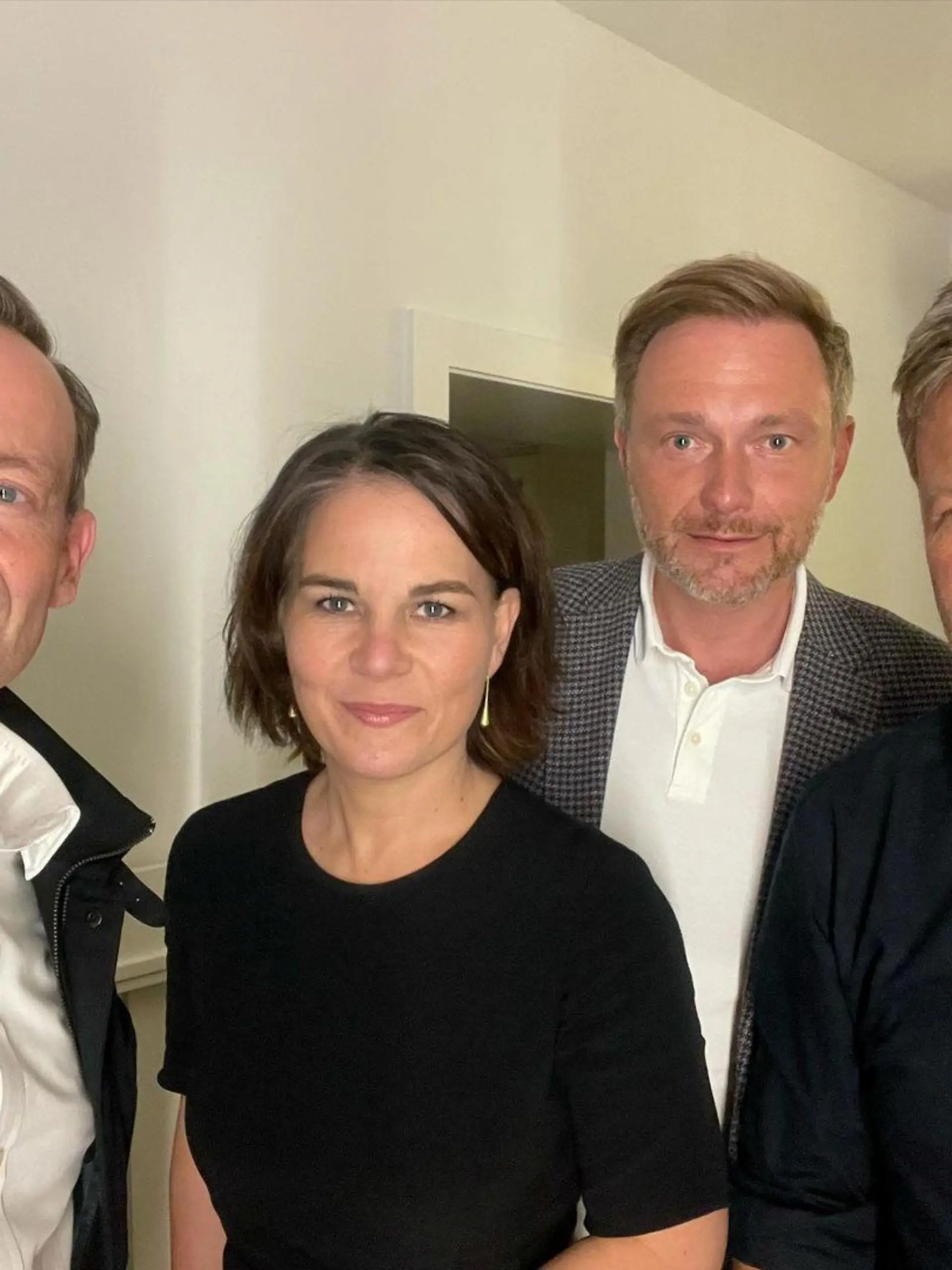 German politicians Volker Wissing and Christian Lindner of the FDP, together with Annalena Baerbock and Robert Habeck of the Greens, pose for a selfie photograph, in an unknown location September 28, 2021 in this picture obtained from social media.  INSTAGRAM @volkerwissing /via REUTERS THIS IMAGE HAS BEEN SUPPLIED BY A THIRD PARTY. MANDATORY CREDIT. NO RESALES. NO ARCHIVES.