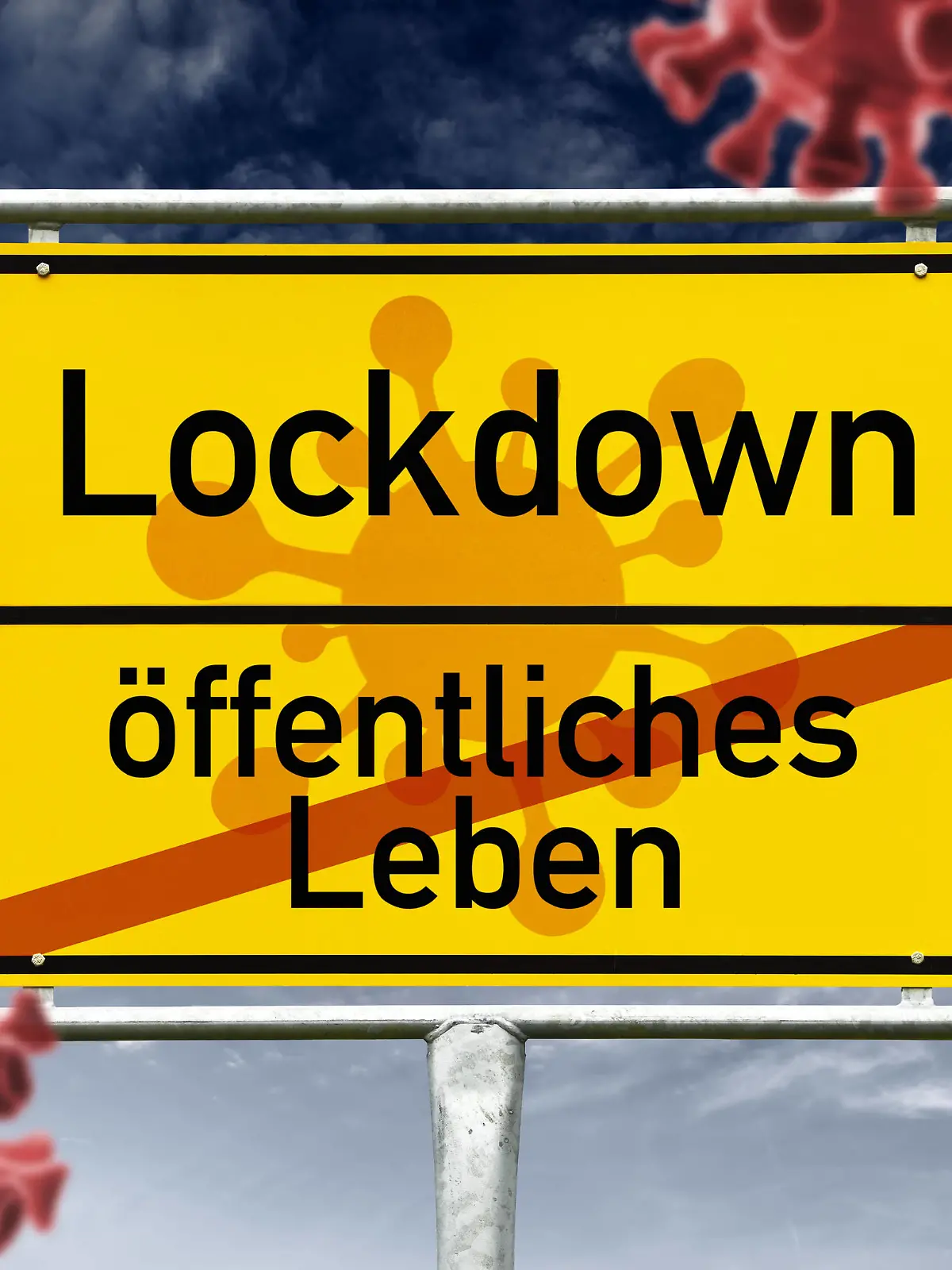  FOTOMONTAGE, Ortsschild mit Schriftzug Lockdown und durchgestrichenem Schriftzug öffentliches Leben, Coronakrise und Lockdown *** PHOTOMONTAGE, place-name sign with Lockdown lettering and crossed-out lettering public life, corona crisis and Lockdown