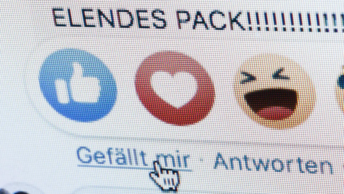  Symbolfoto: Gestellte Aufnahme zum Thema Hasskommentare in Sozialen Netzwerken. Neben dem Gefaellt mir Button von facebook sind die Worte elendes Pack zu sehen. Berlin, 03.02.2020 Berlin Deutschland *** Icon photo posed shot on the topic of hate comments in social networks Next to the like button from facebook are the words miserable pack Berlin, 03 02 2020 Berlin Germany PUBLICATIONxINxGERxSUIxAUTxONLY Copyright: xThomasxTrutschel/photothek.dex