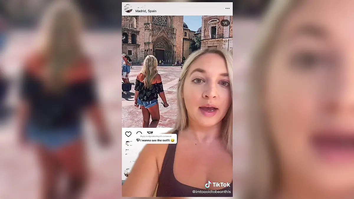 Fotomontage einer jungen Frau. Im Hintergrund sieht man den Modetrend, der zu einer Infektion geführt hat: eine zu enge Jeansshort.