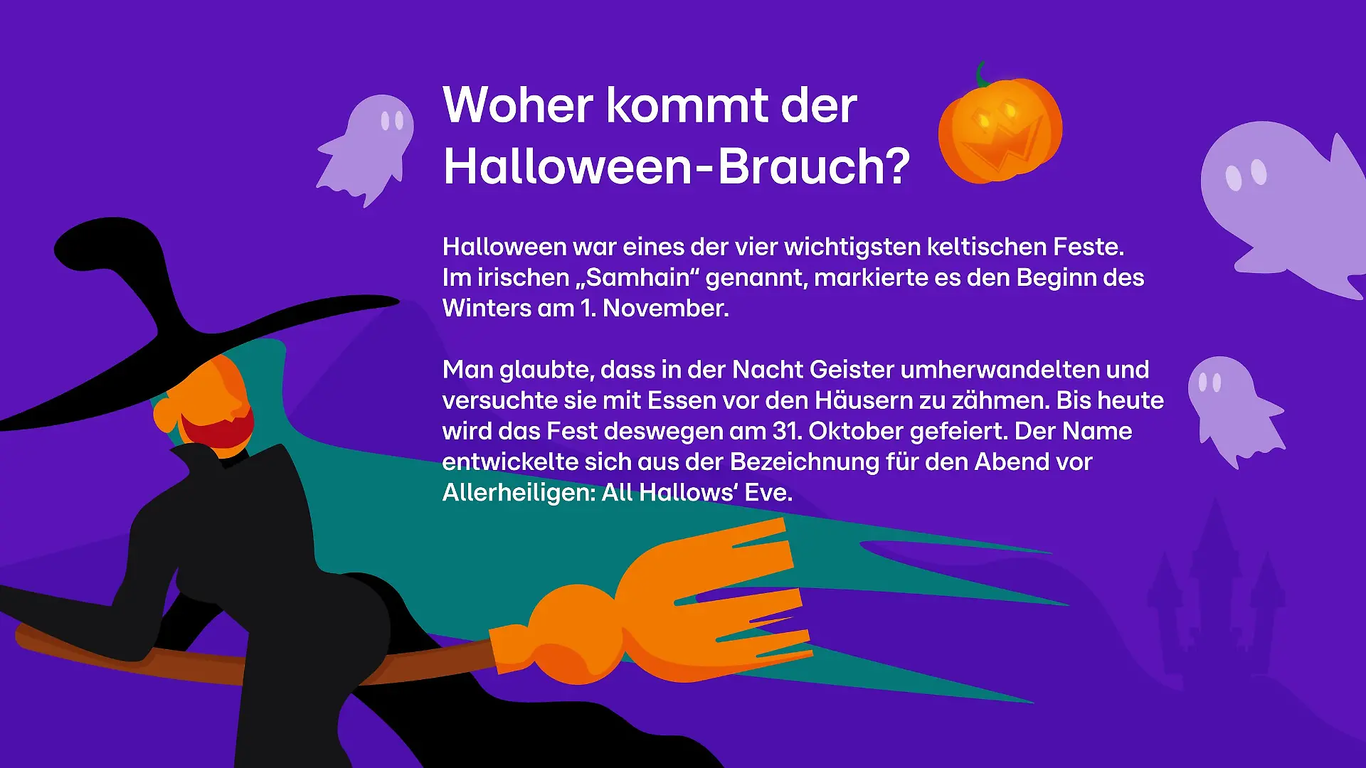 Auf dem Bild steht der Ursprung des Wortes "All Hallows' Eve" sowie der Ursprung im "Samhain"-Fest erklärt.