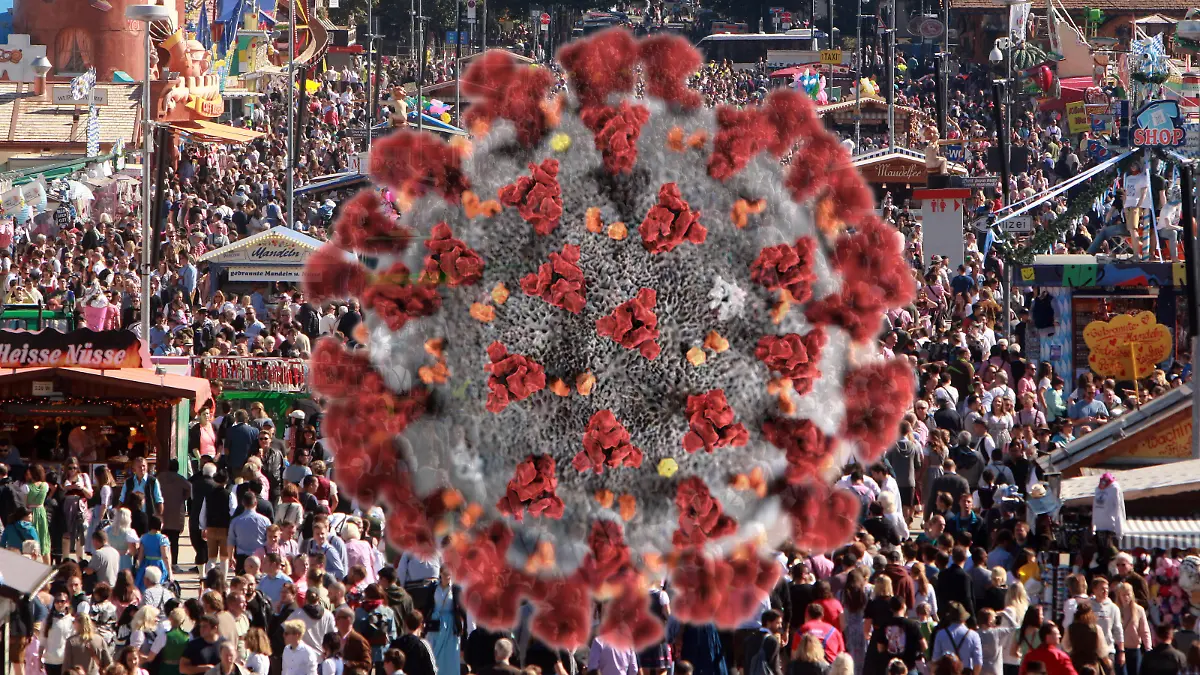  FOTOMONTAGE Symbolbild zur Ausbreitung des Coronavirus in Deutschland: Virus mit Menschenmenge auf dem Oktoberfest in München, Bayern, Deutschland *** PHOTO MONTAGE Symbol image of the spread of the coronavirus in Germany Virus with crowd at the Oktoberfest in Munich, Bavaria, Germany
