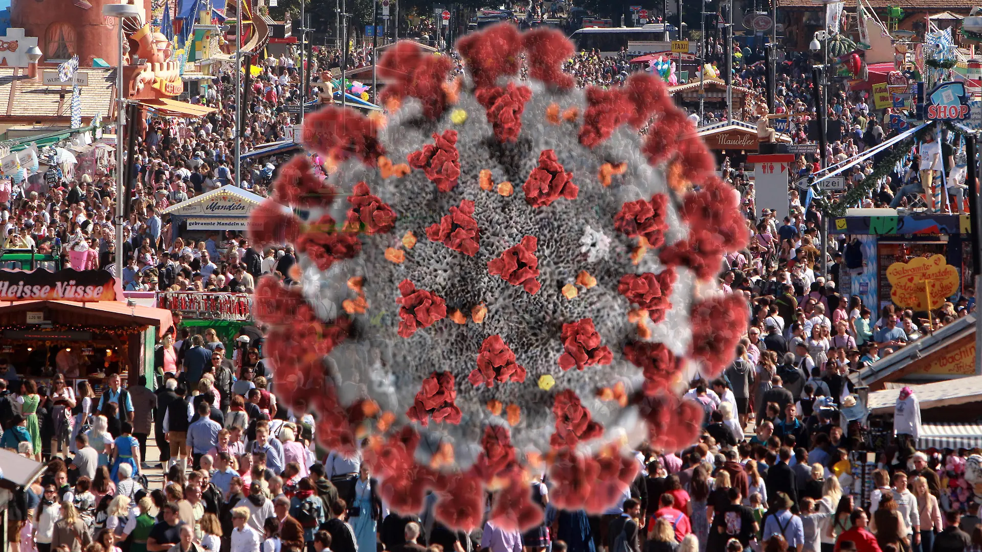  FOTOMONTAGE Symbolbild zur Ausbreitung des Coronavirus in Deutschland: Virus mit Menschenmenge auf dem Oktoberfest in München, Bayern, Deutschland *** PHOTO MONTAGE Symbol image of the spread of the coronavirus in Germany Virus with crowd at the Oktoberfest in Munich, Bavaria, Germany