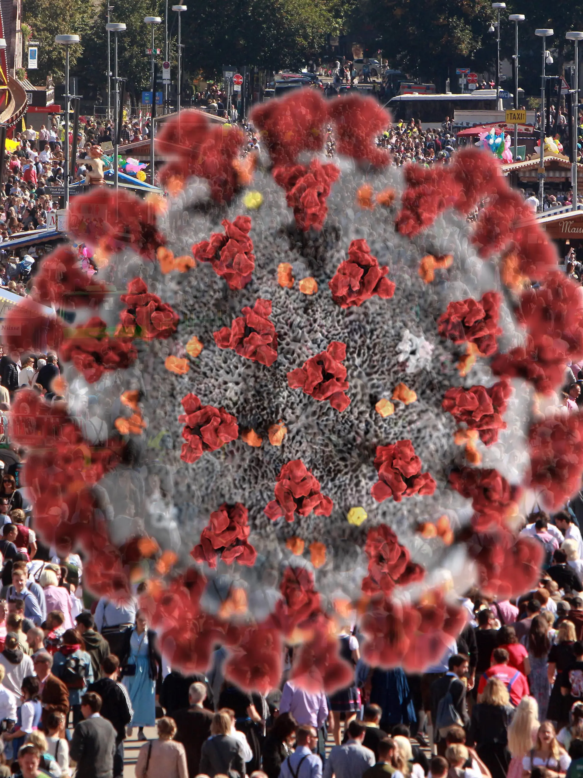  FOTOMONTAGE Symbolbild zur Ausbreitung des Coronavirus in Deutschland: Virus mit Menschenmenge auf dem Oktoberfest in München, Bayern, Deutschland *** PHOTO MONTAGE Symbol image of the spread of the coronavirus in Germany Virus with crowd at the Oktoberfest in Munich, Bavaria, Germany
